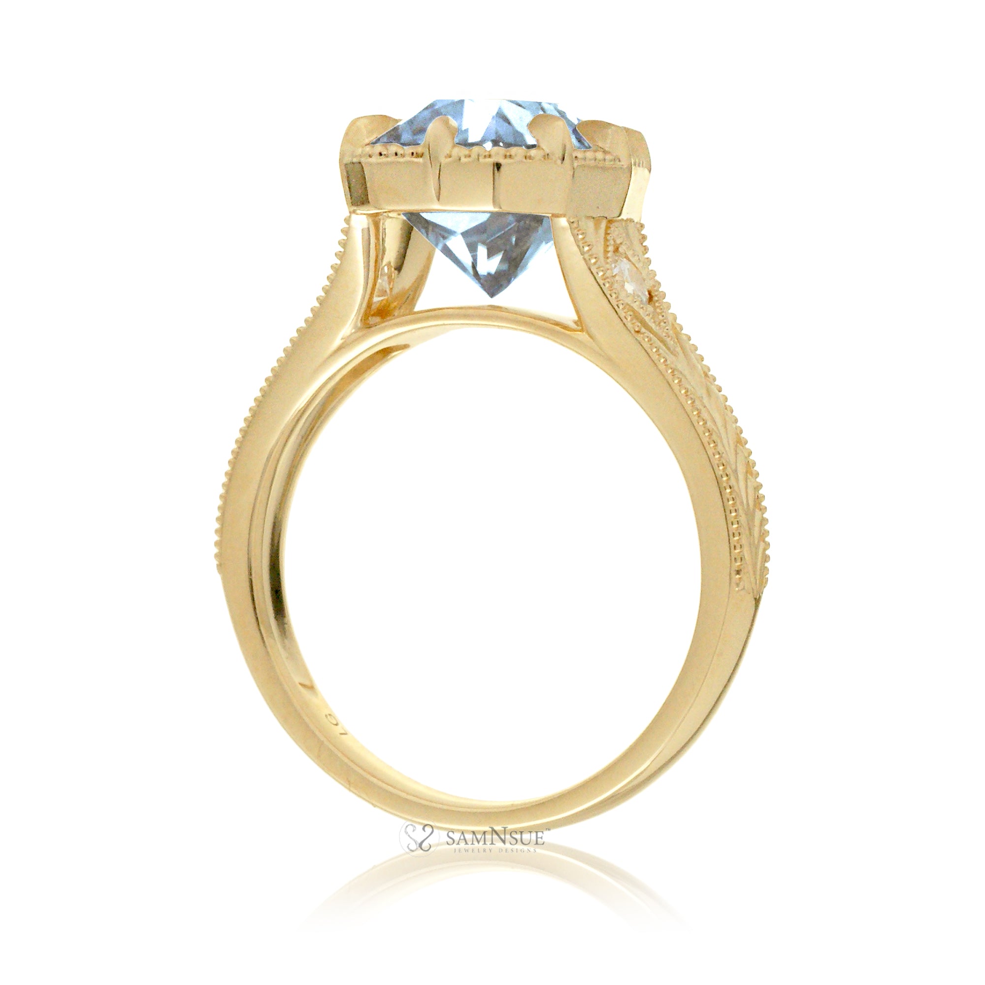 Cushion aquamarine beaded vintage style band carved ring yellow gold