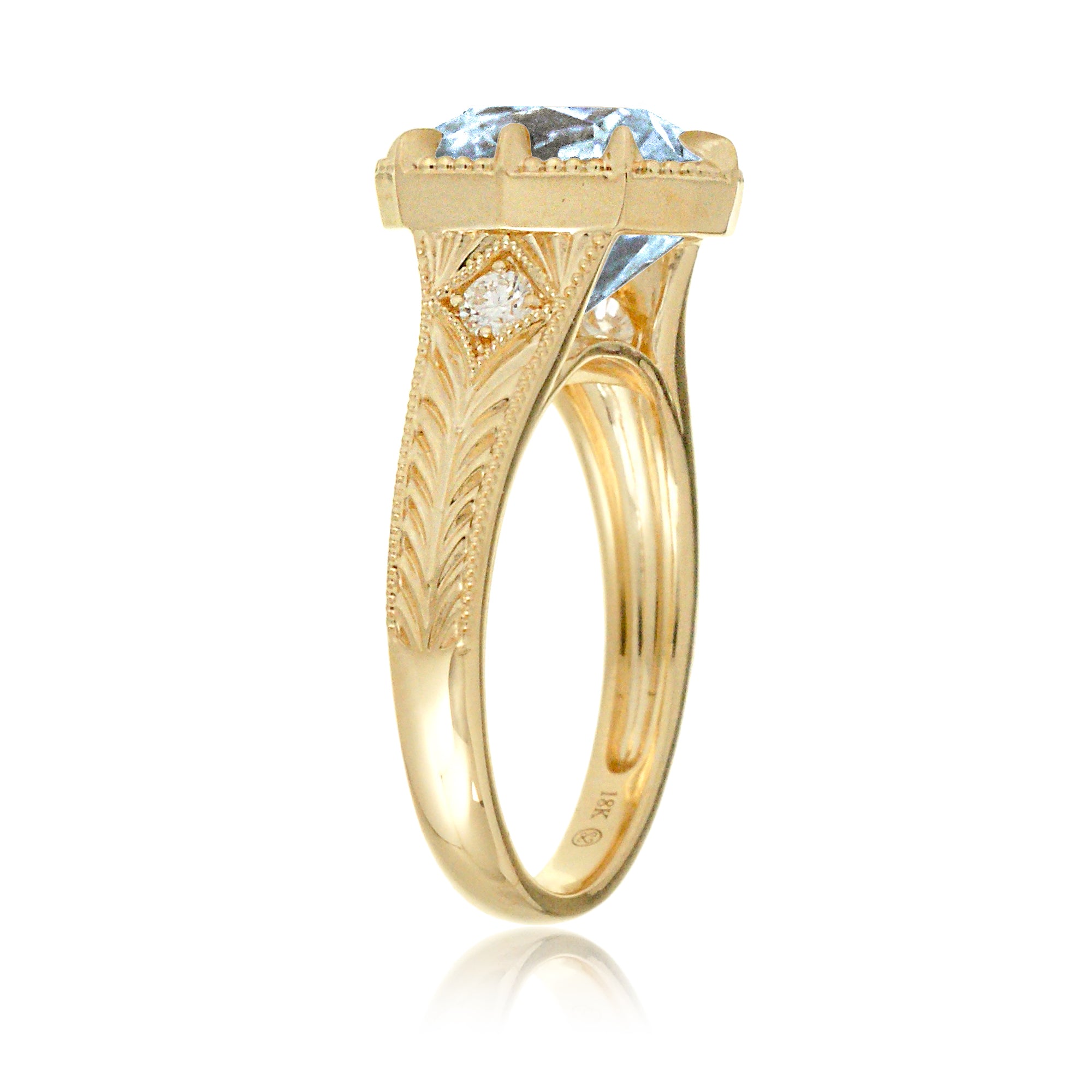 Cushion aquamarine beaded vintage style band carved ring yellow gold