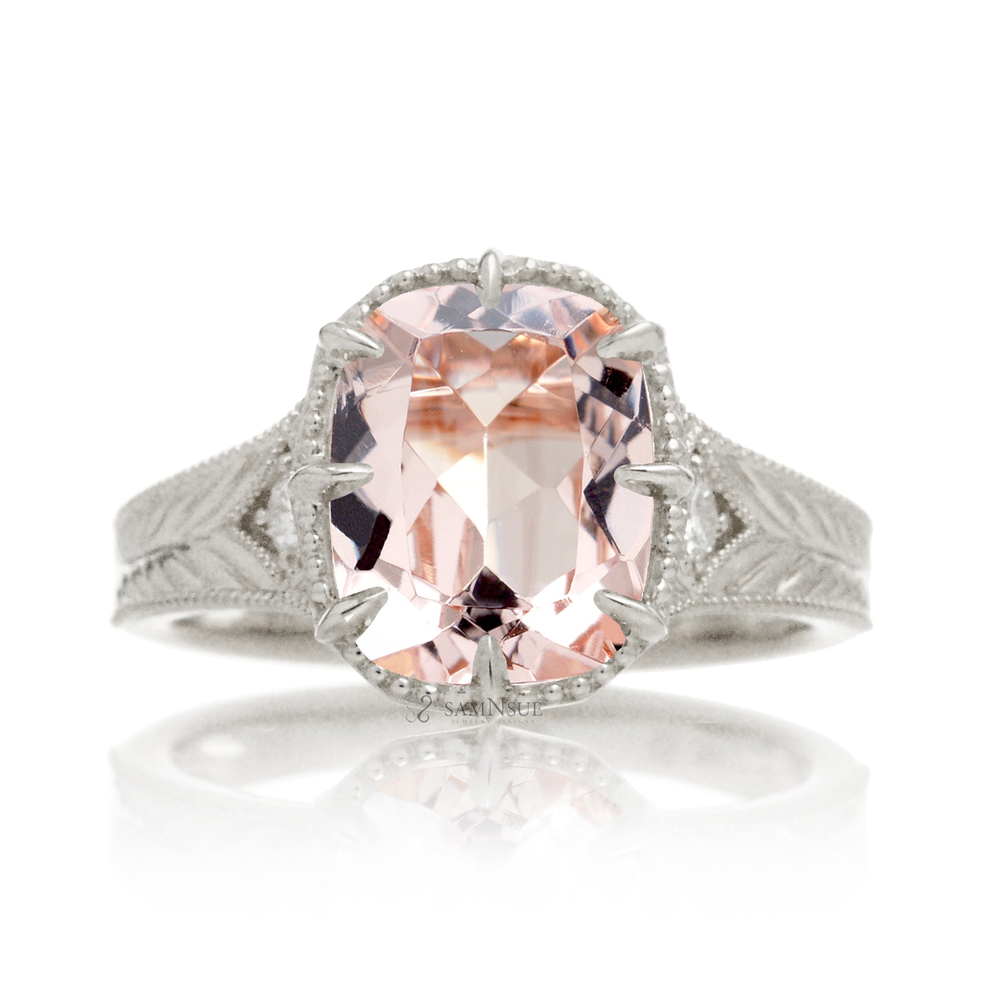 Vintage style cushion morganite ring Taylor Swift inspired white gold