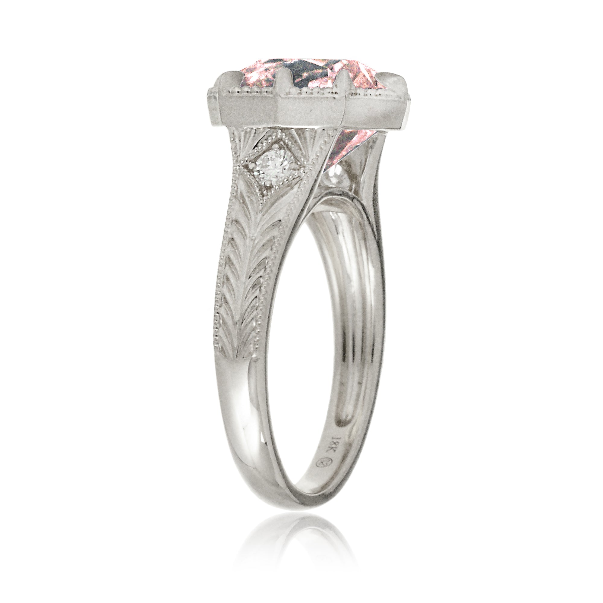Vintage style cushion morganite ring Taylor Swift inspired white gold