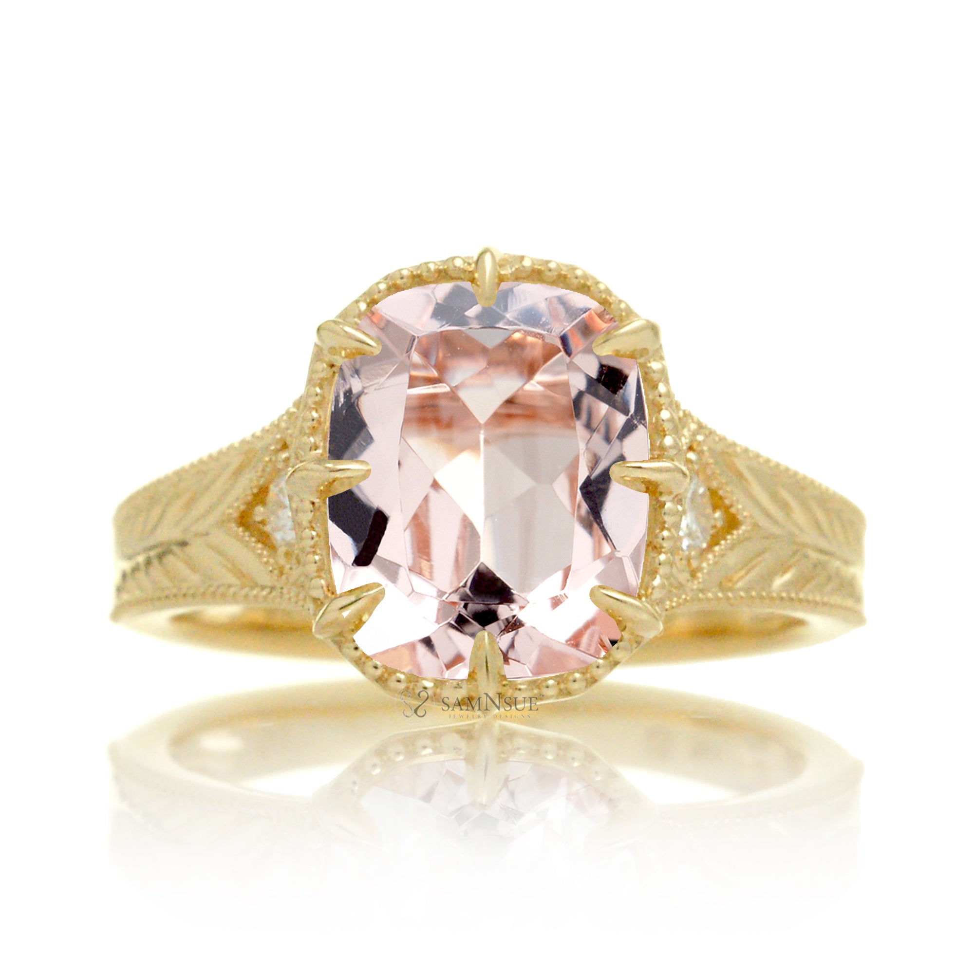 Vintage style cushion morganite ring Taylor Swift inspired yellow gold
