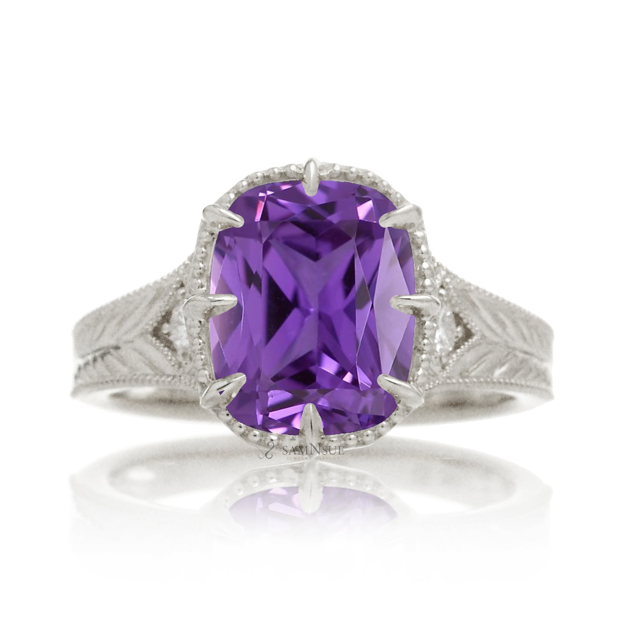 Cushion purple sapphire set in a vintage Taylor Swift inspired white gold ring