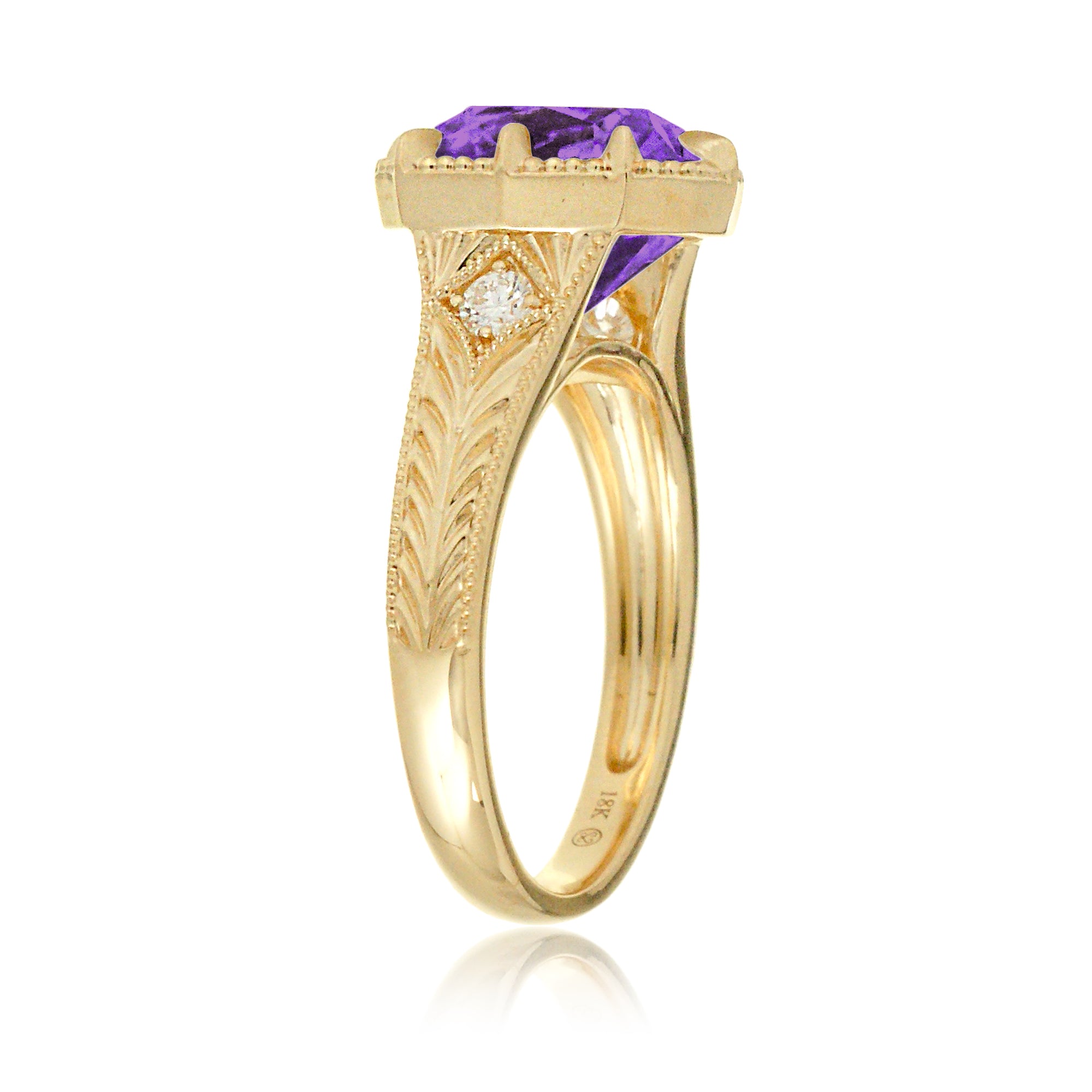 Cushion purple sapphire set in a vintage Taylor Swift inspired yellow gold ring