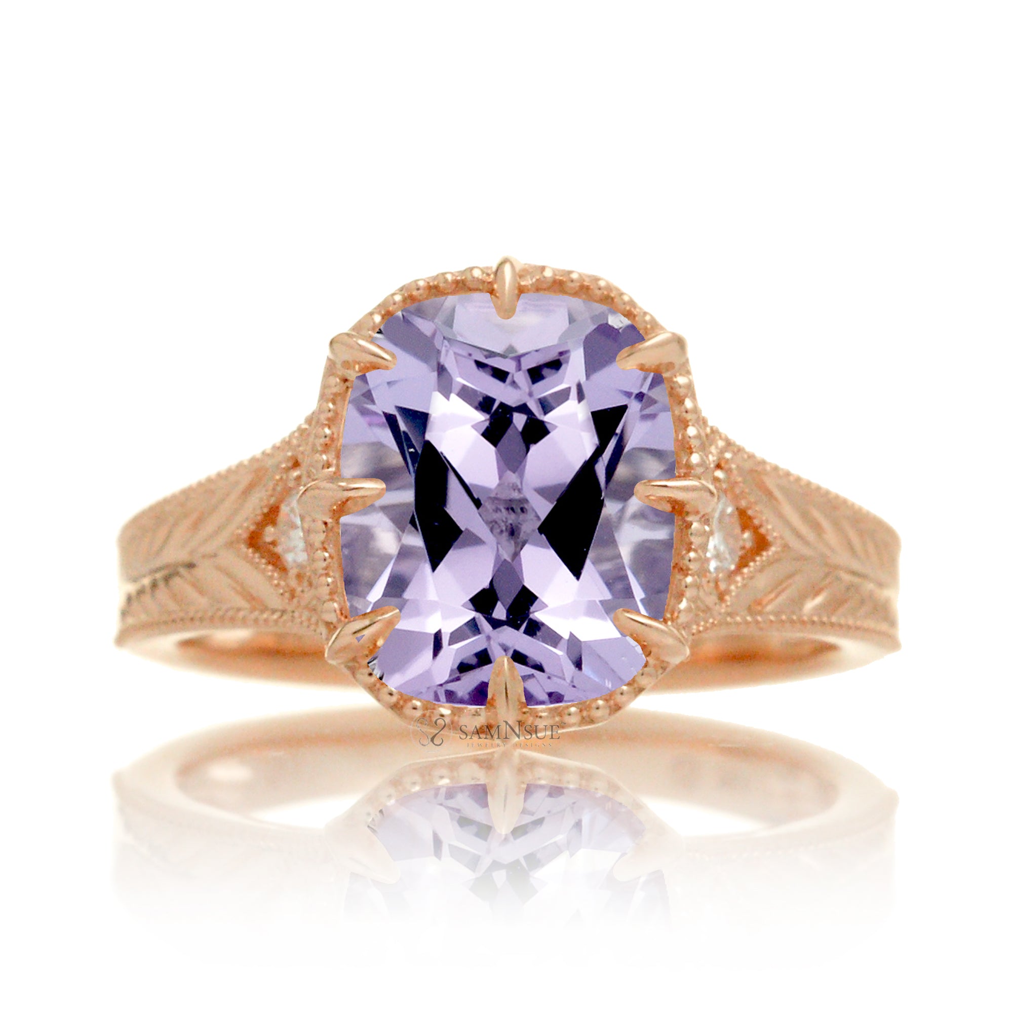 Cushion cut rose de france amethyst vintage rose gold ring