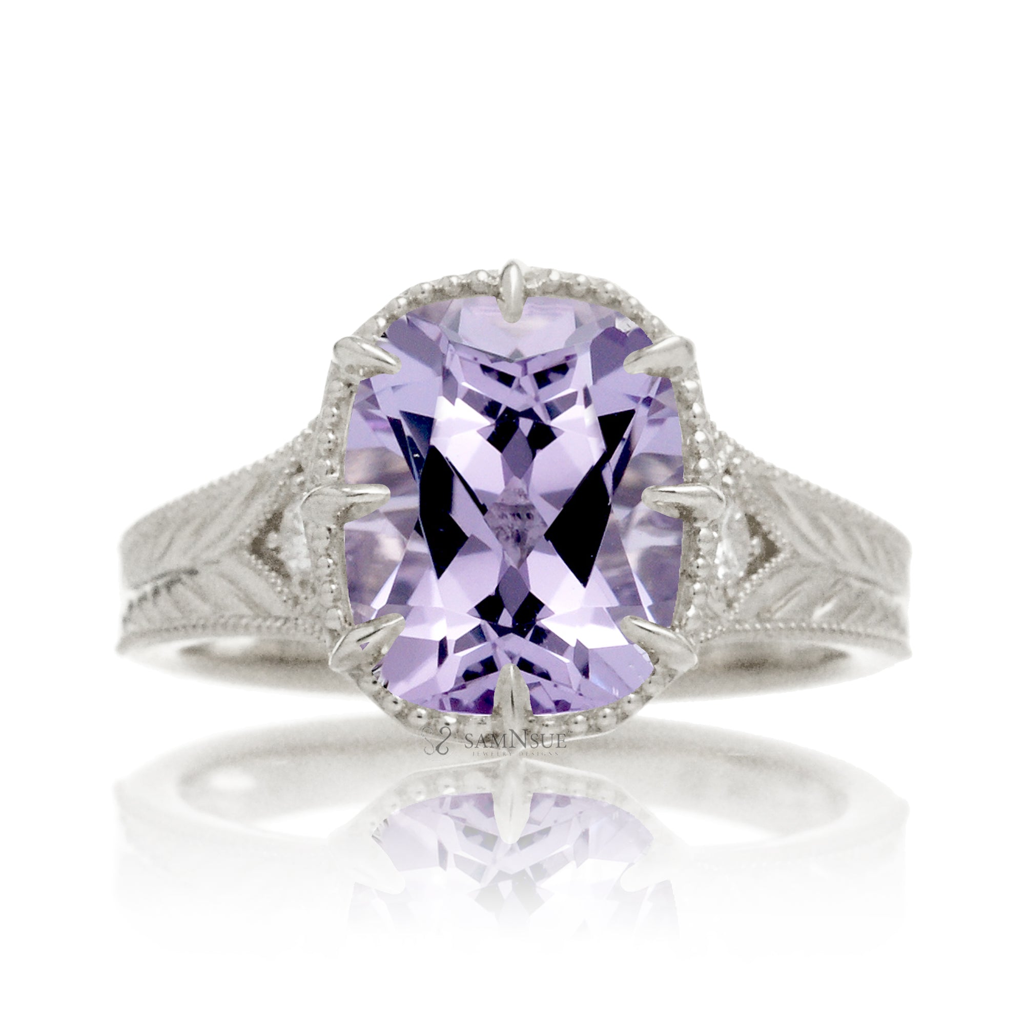 Cushion cut rose de france amethyst vintage white gold ring