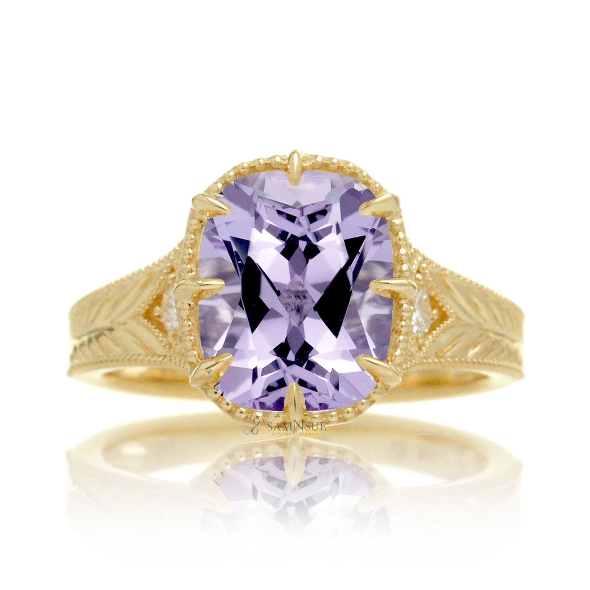 Cushion cut rose de france amethyst vintage yellow gold ring