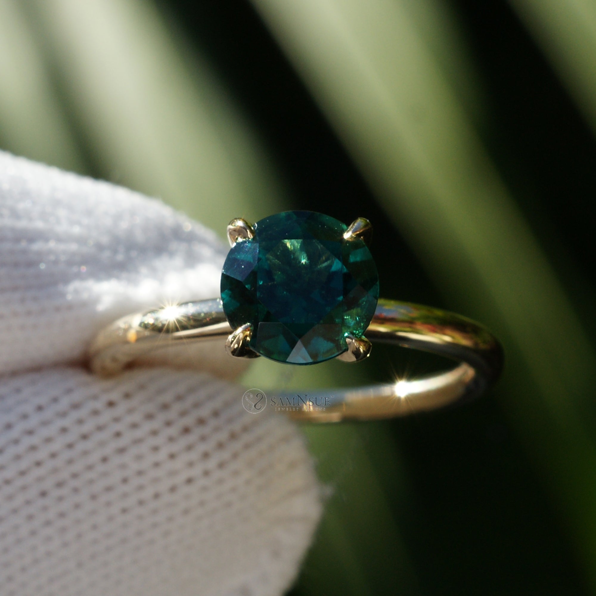 Round cut emerald hidden halo solitaire engagement ring yellow gold the Lucy