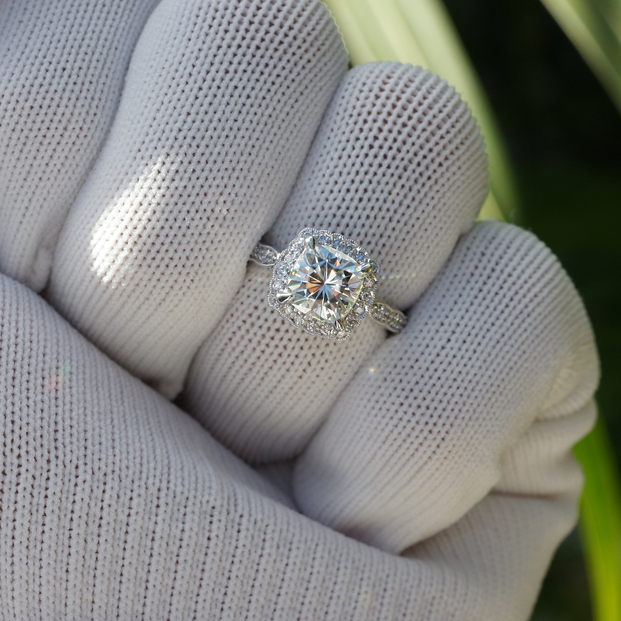 The Scallop Cushion Moissanite Ring (7.5mm FB)