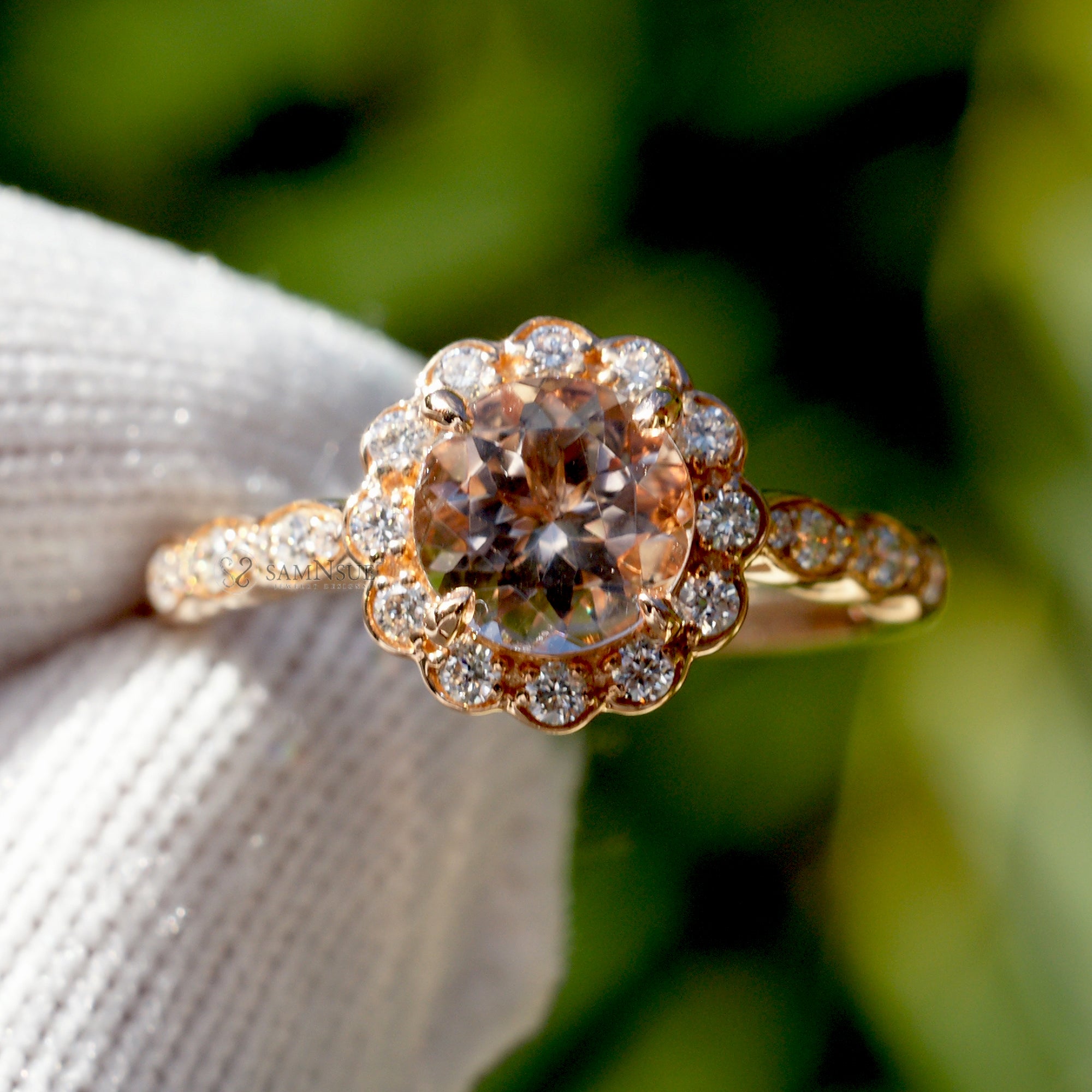 Round morganite ring with diamond halo on a scallop vintage setting rose gold