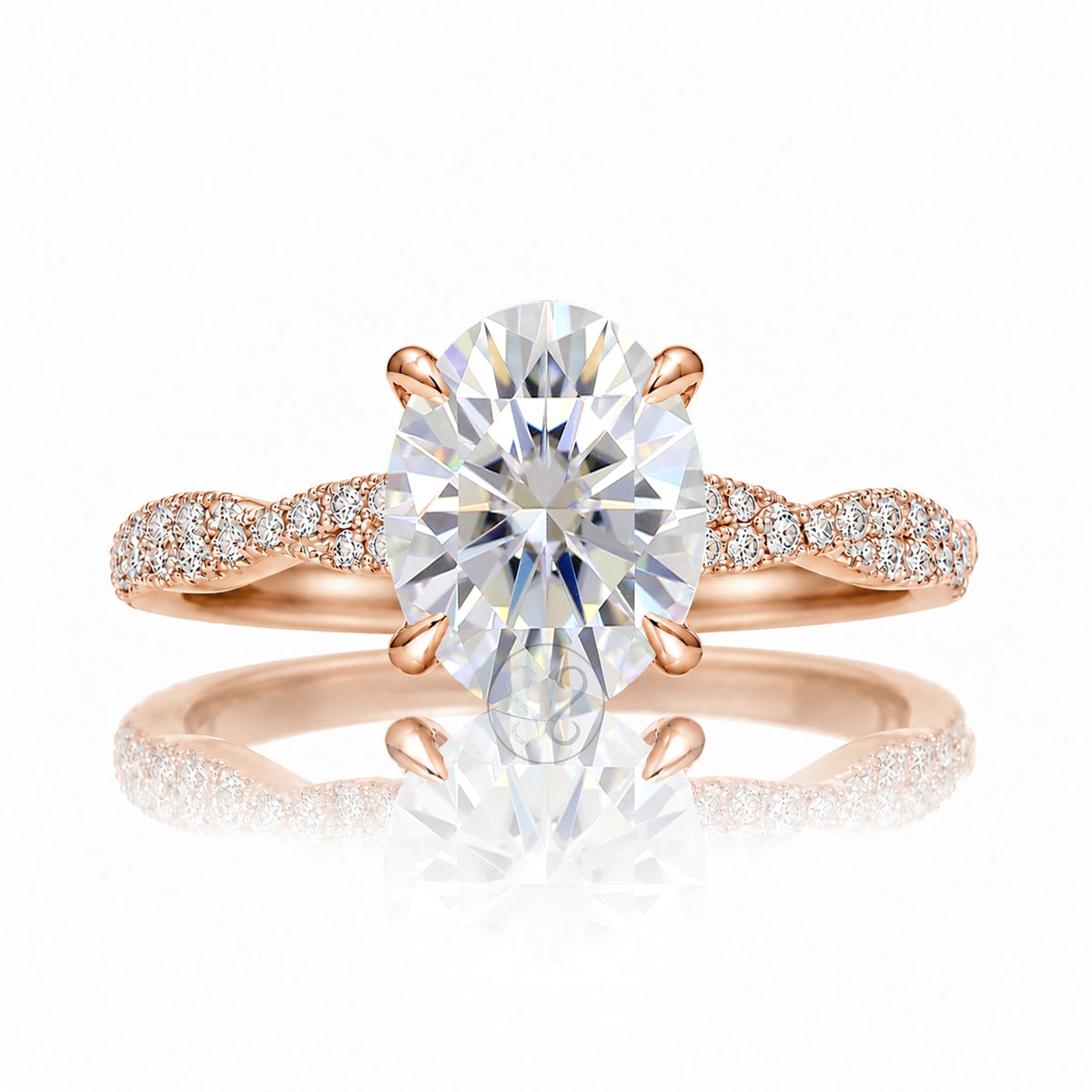 Oval brilliant cut diamond ring with twisted diamond band hidden halo and diamonds on prongs in rose gold