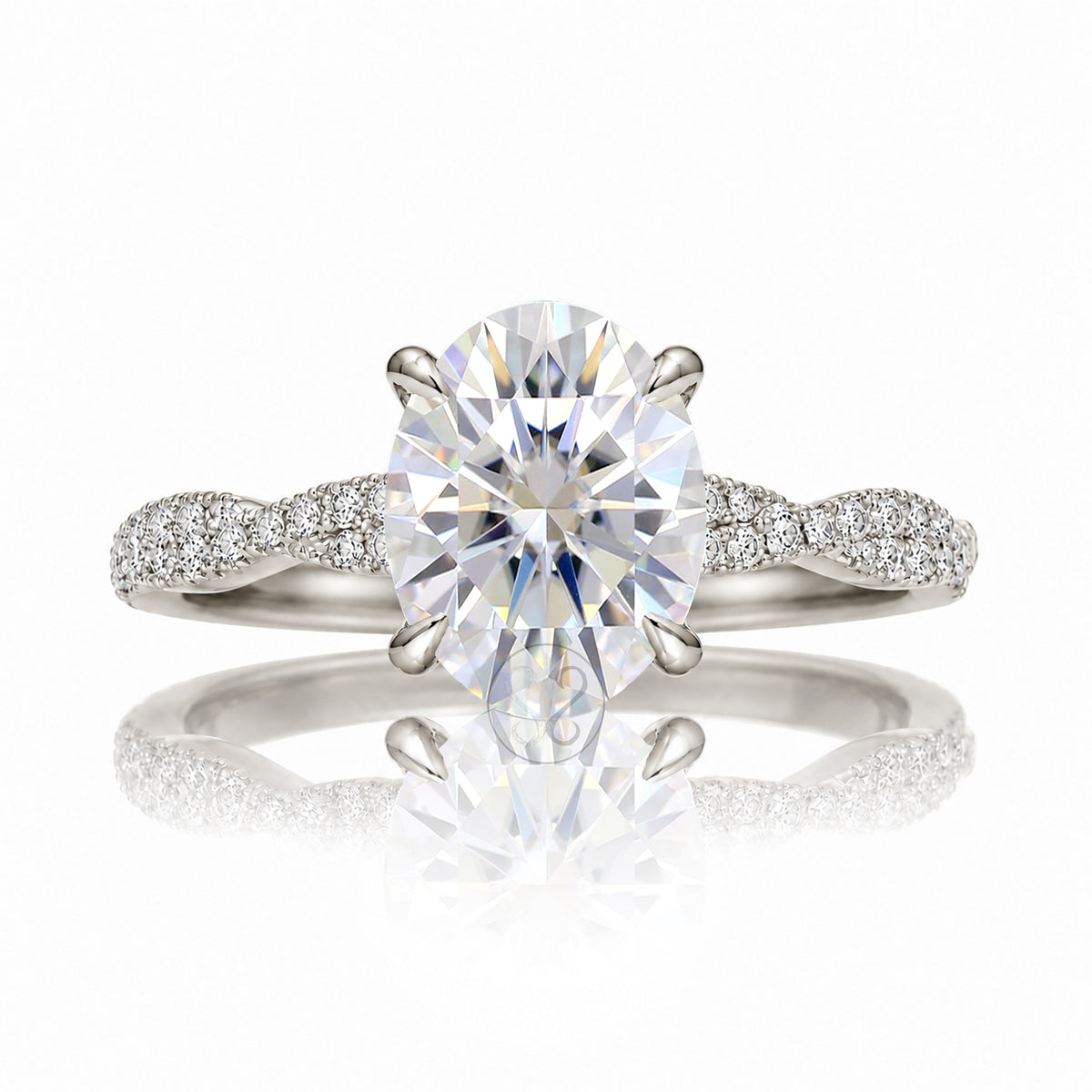 Oval brilliant cut diamond ring with twisted diamond band hidden halo and diamonds on prongs in white gold