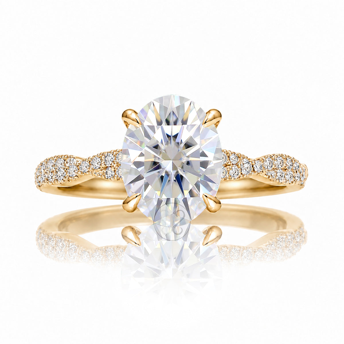 Oval brilliant cut diamond ring with twisted diamond band hidden halo and diamonds on prongs in yellow gold