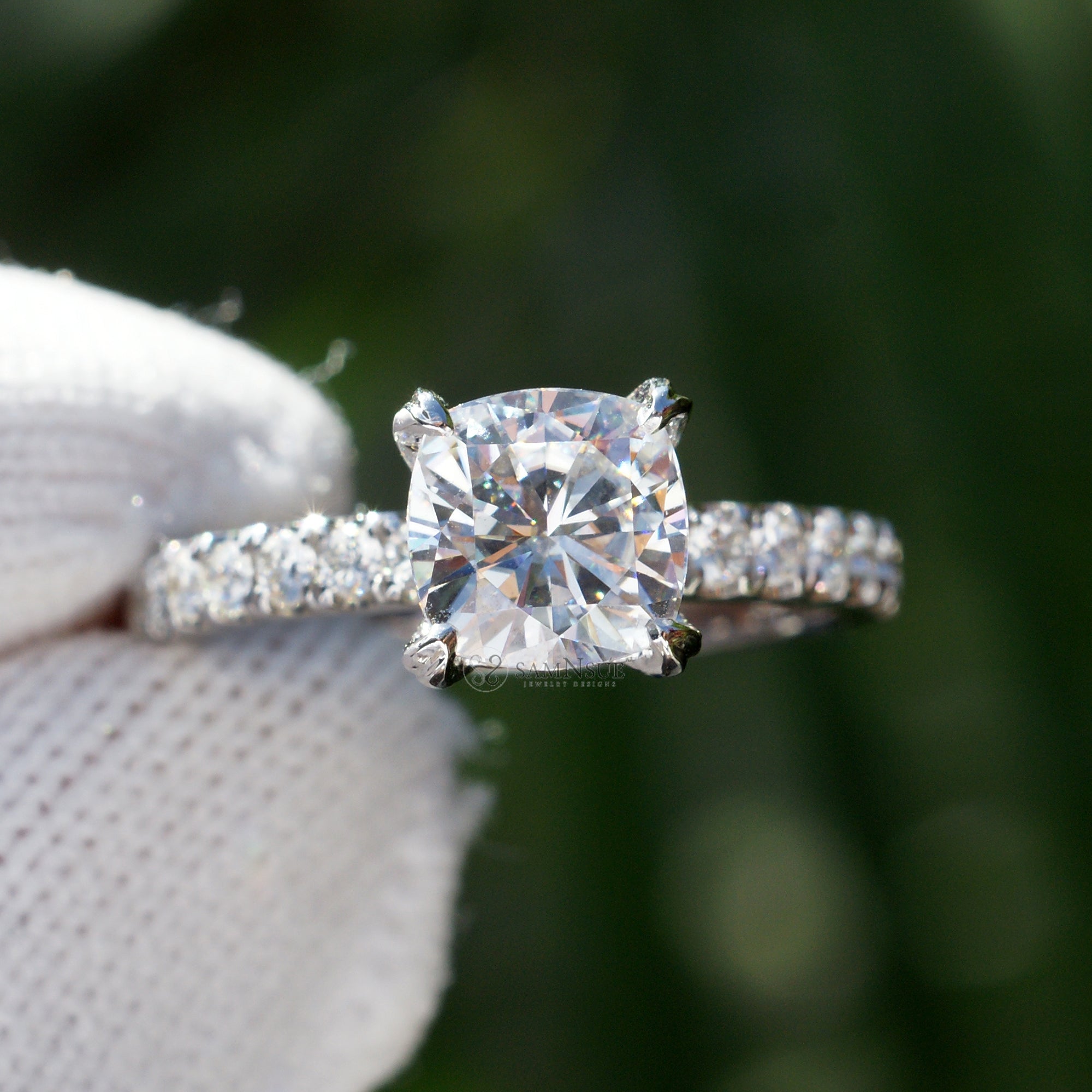 The Leila Solitaire Cushion Moissanite & Diamond Wedding Set