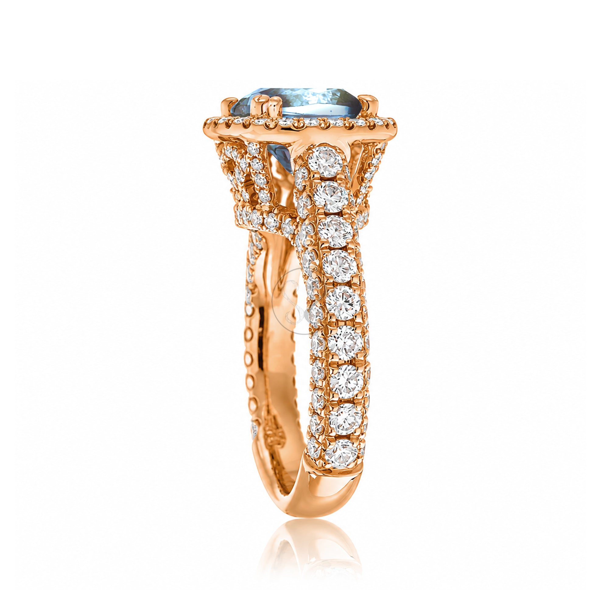 Cushion-cut aquamarine engagement ring in rose gold with diamond halo and pavé diamond shoulders The Tamara
