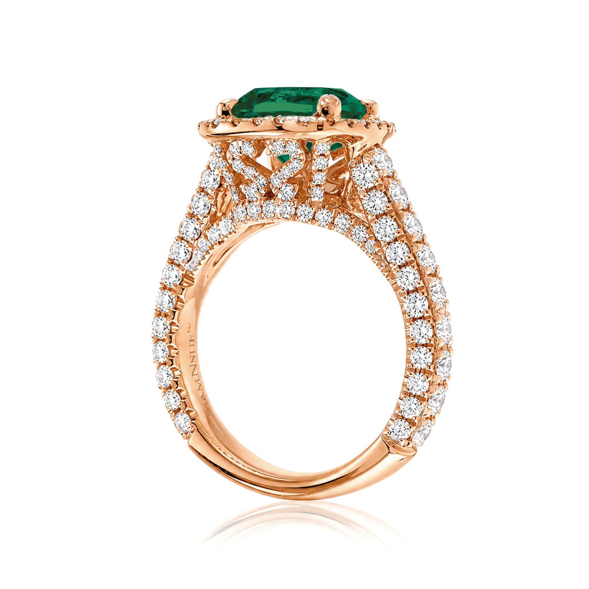 Cushion-cut emerald engagement ring in rose gold with diamond halo and pavé diamond shoulders The Tamara