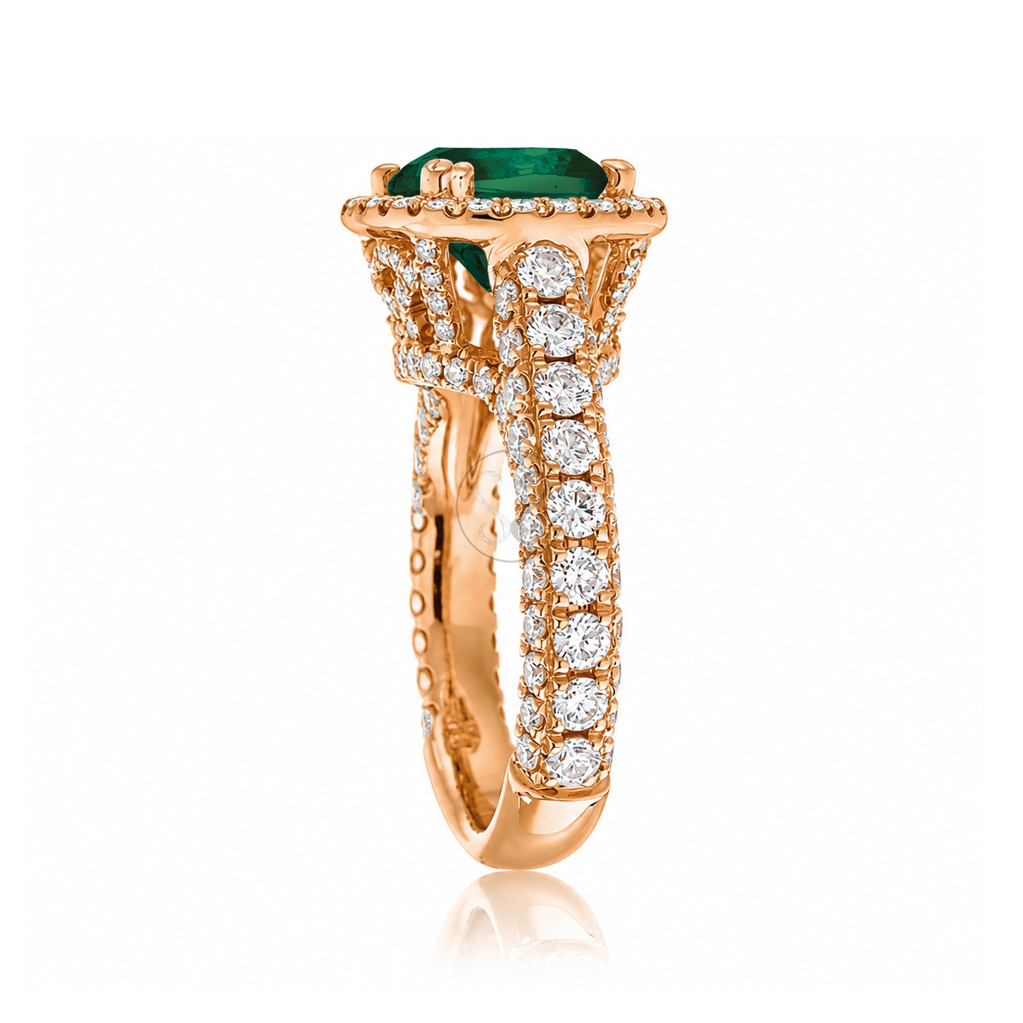 Cushion-cut emerald engagement ring in rose gold with diamond halo and pavé diamond shoulders The Tamara