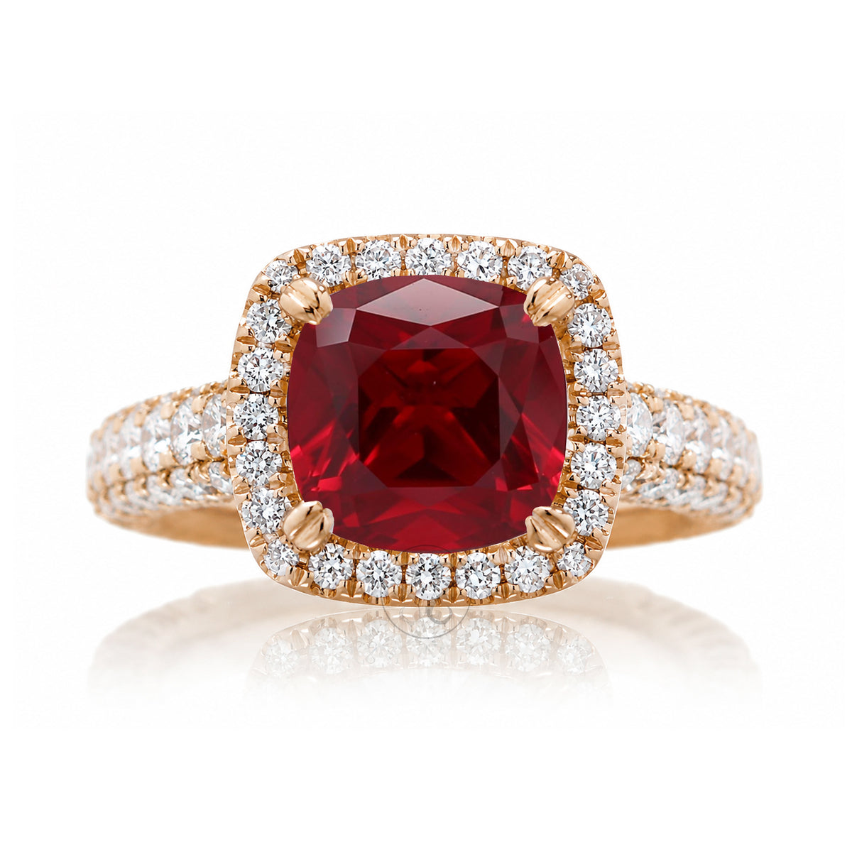 The Tamara Cushion Cut Ruby Large Diamond Band and Halo Three Dimensional 3/4 down rose gold