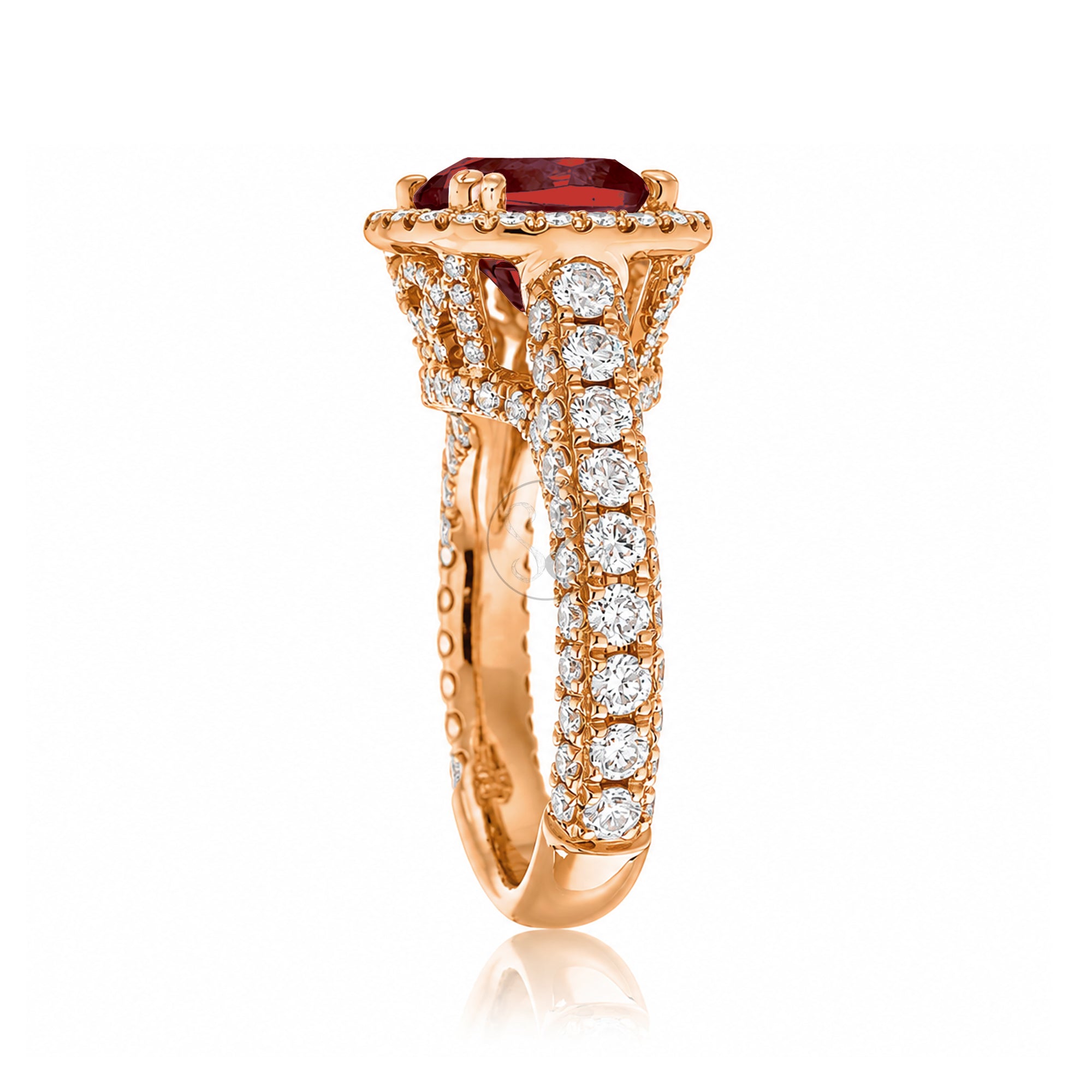 The Tamara Cushion Cut Ruby Large Diamond Band and Halo Three Dimensional 3/4 down rose gold
