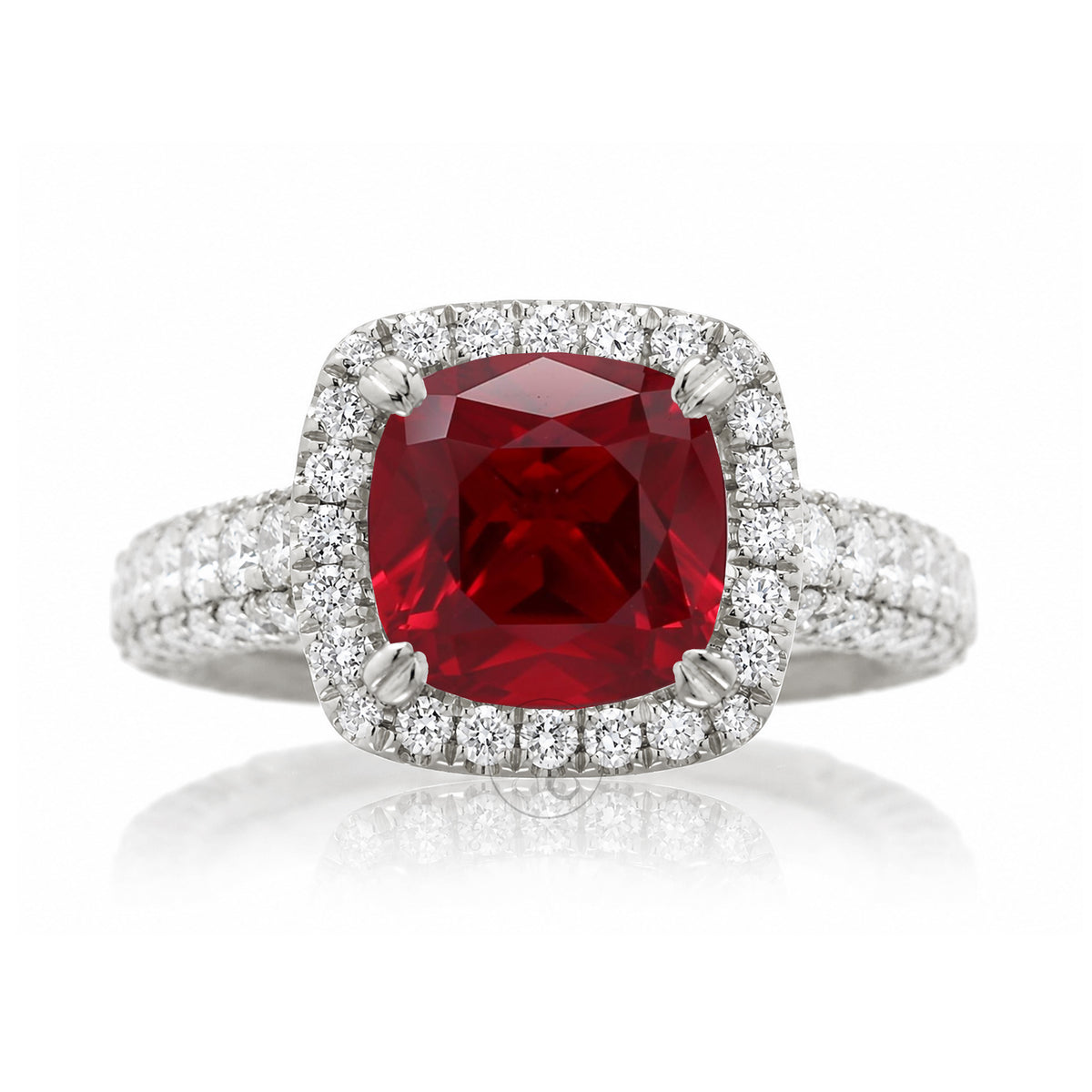 The Tamara Cushion Cut Ruby Large Diamond Band and Halo Three Dimensional 3/4 down white gold