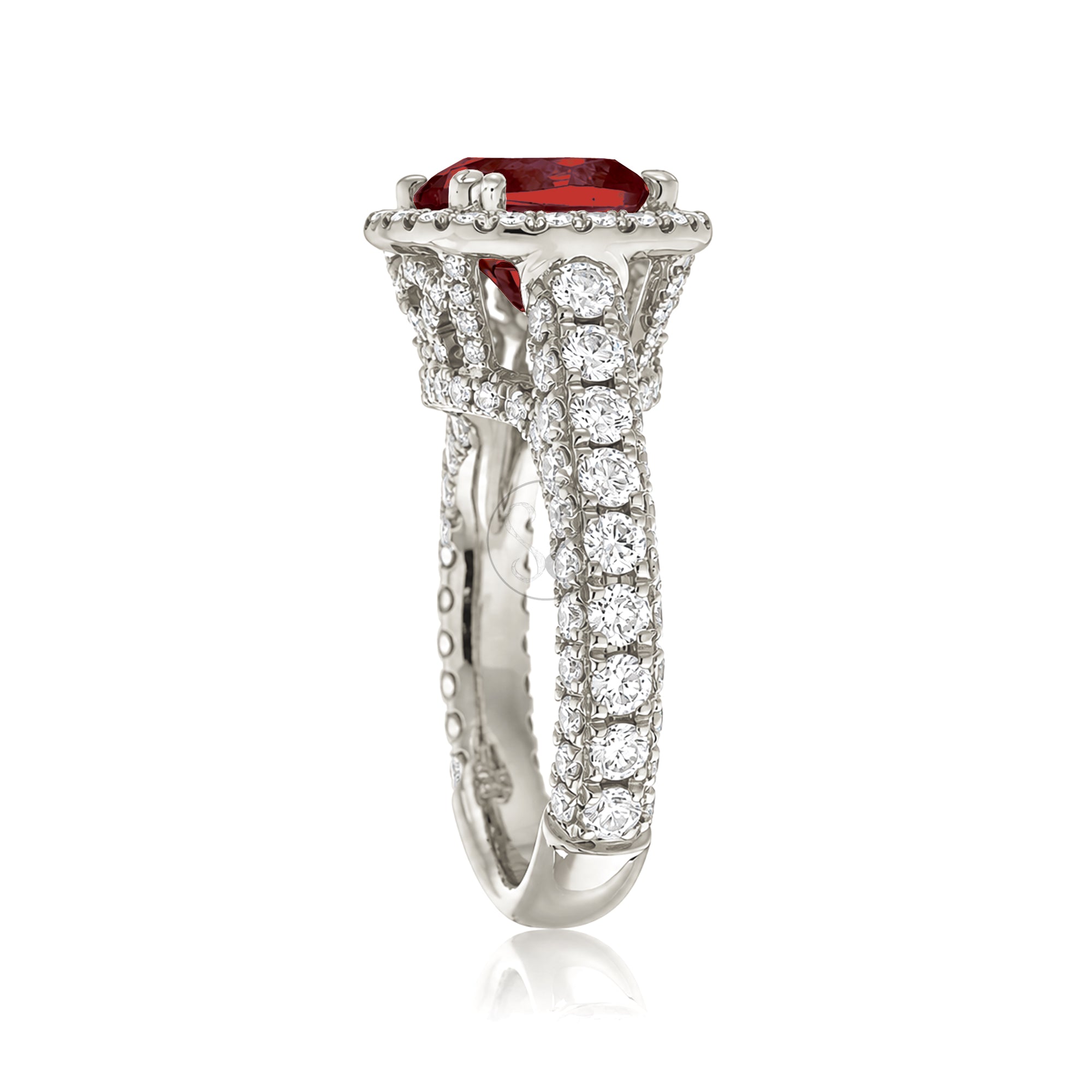 The Tamara Cushion Cut Ruby Large Diamond Band and Halo Three Dimensional 3/4 down white gold