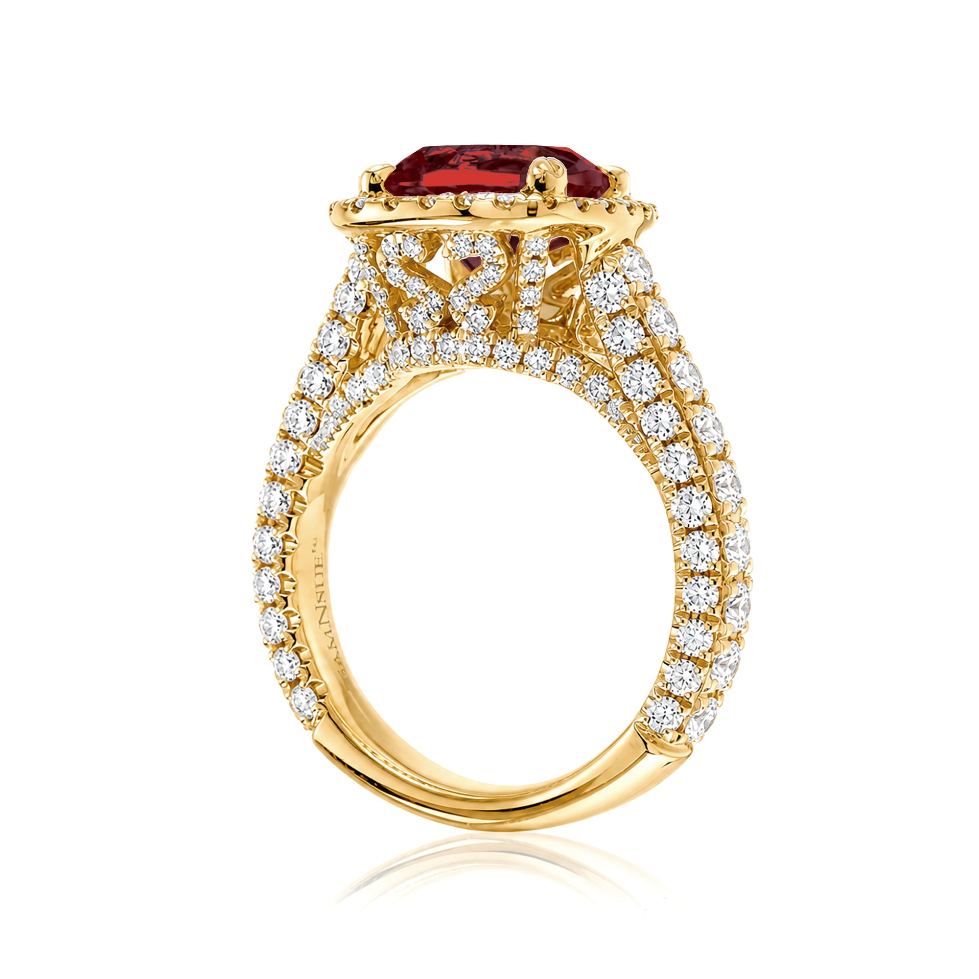 The Tamara Cushion Cut Ruby Large Diamond Band and Halo Three Dimensional 3/4 down yellow gold