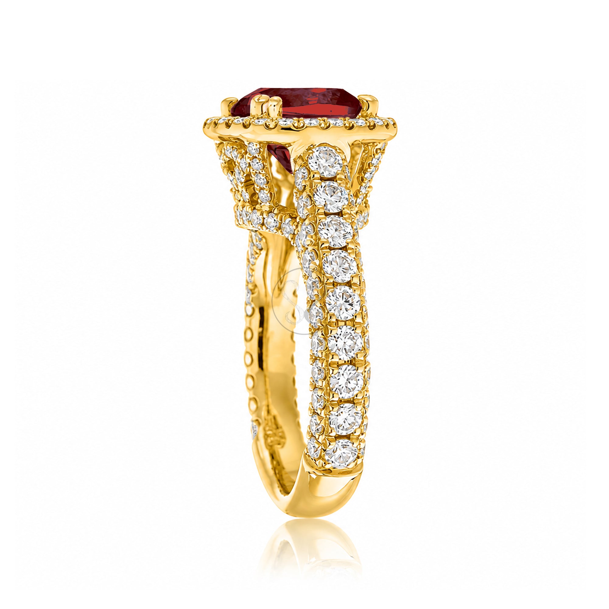 The Tamara Cushion Cut Ruby Large Diamond Band and Halo Three Dimensional 3/4 down yellow gold