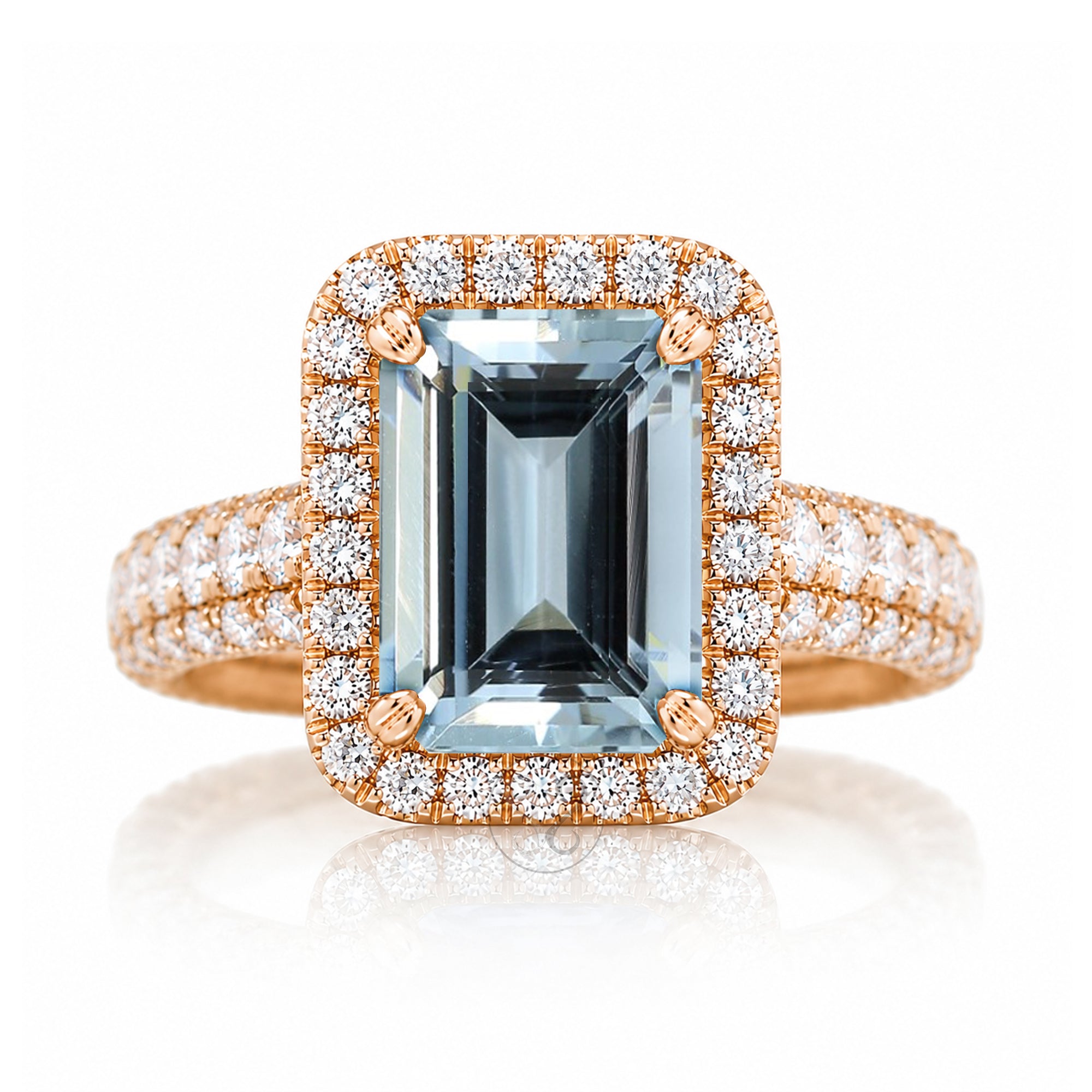 Aquamarine emerald cut diamond halo three dimensional diamond band bold large rose gold