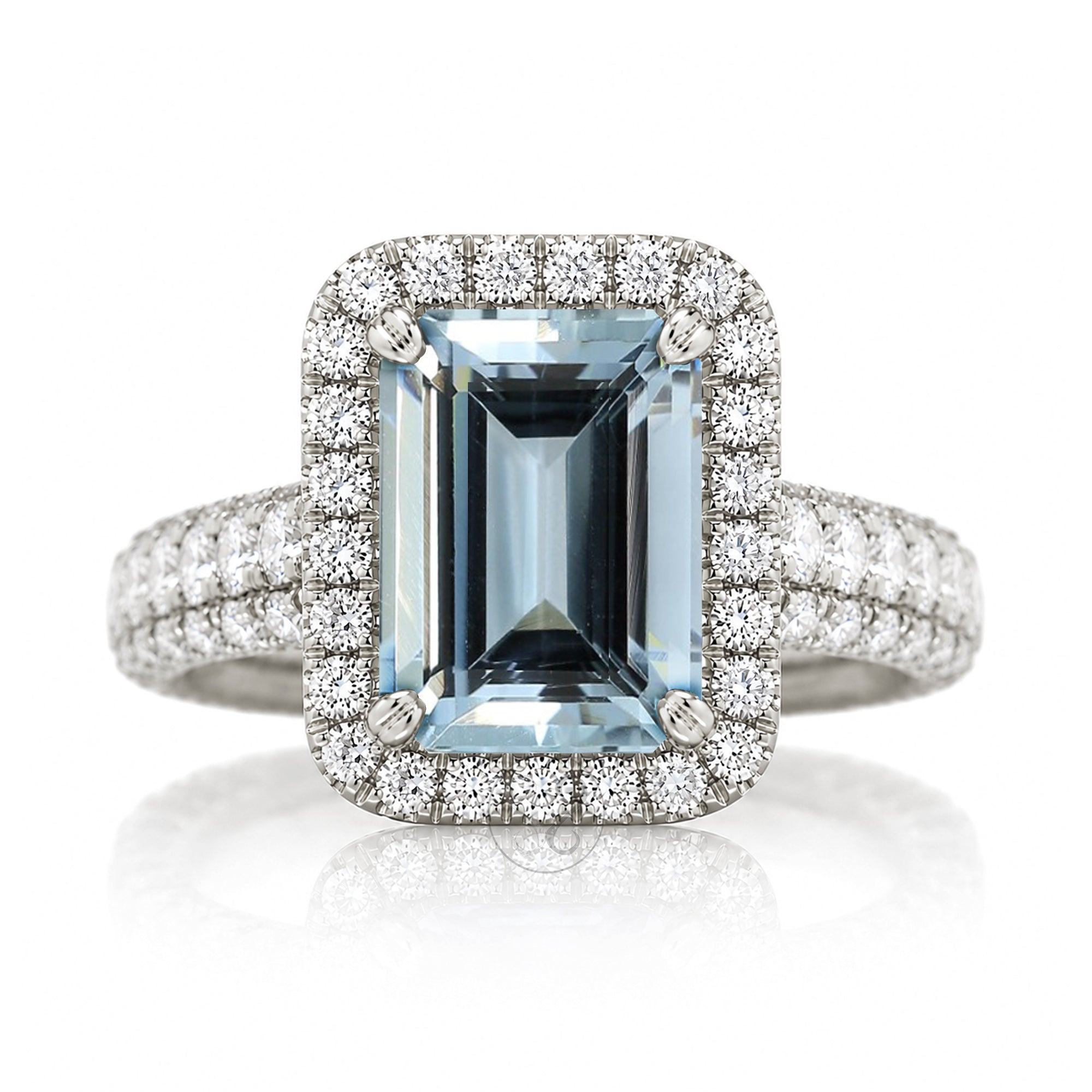 Aquamarine emerald cut diamond halo three dimensional diamond band bold large white gold