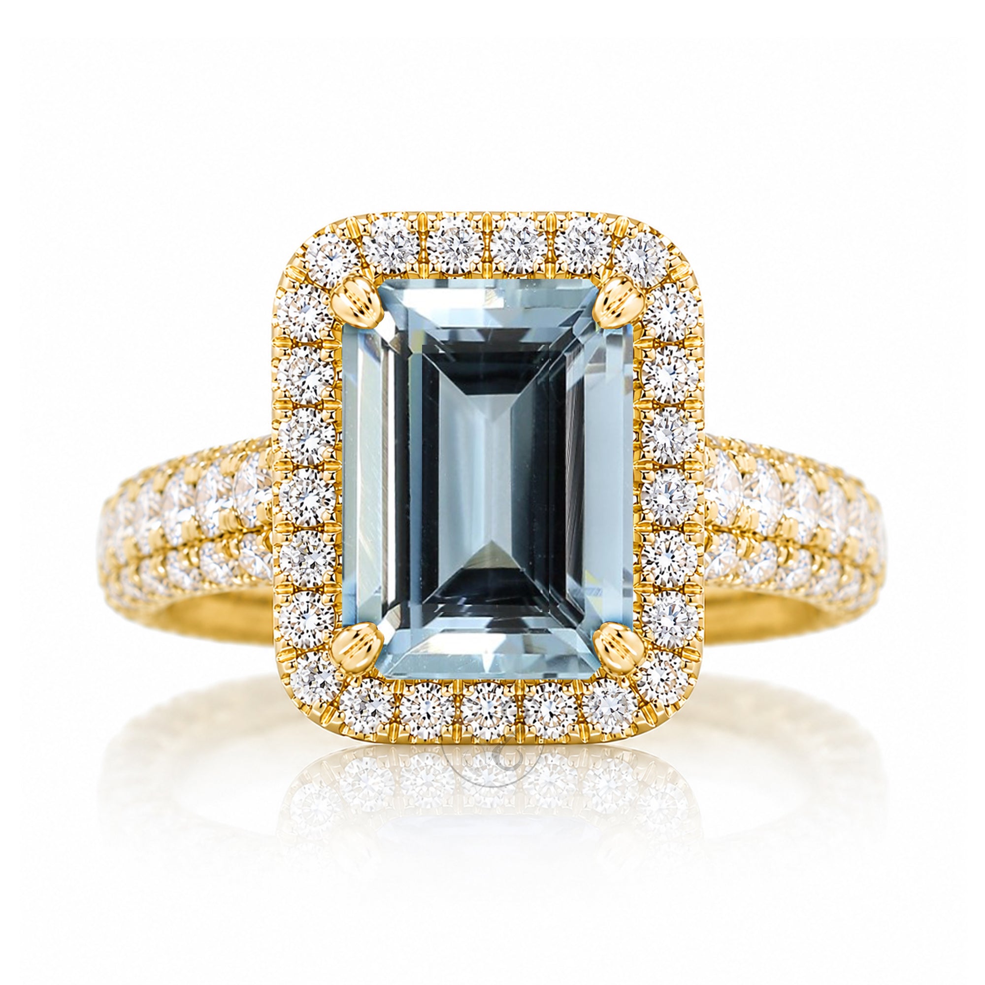 Aquamarine emerald cut diamond halo three dimensional diamond band bold large yellow gold