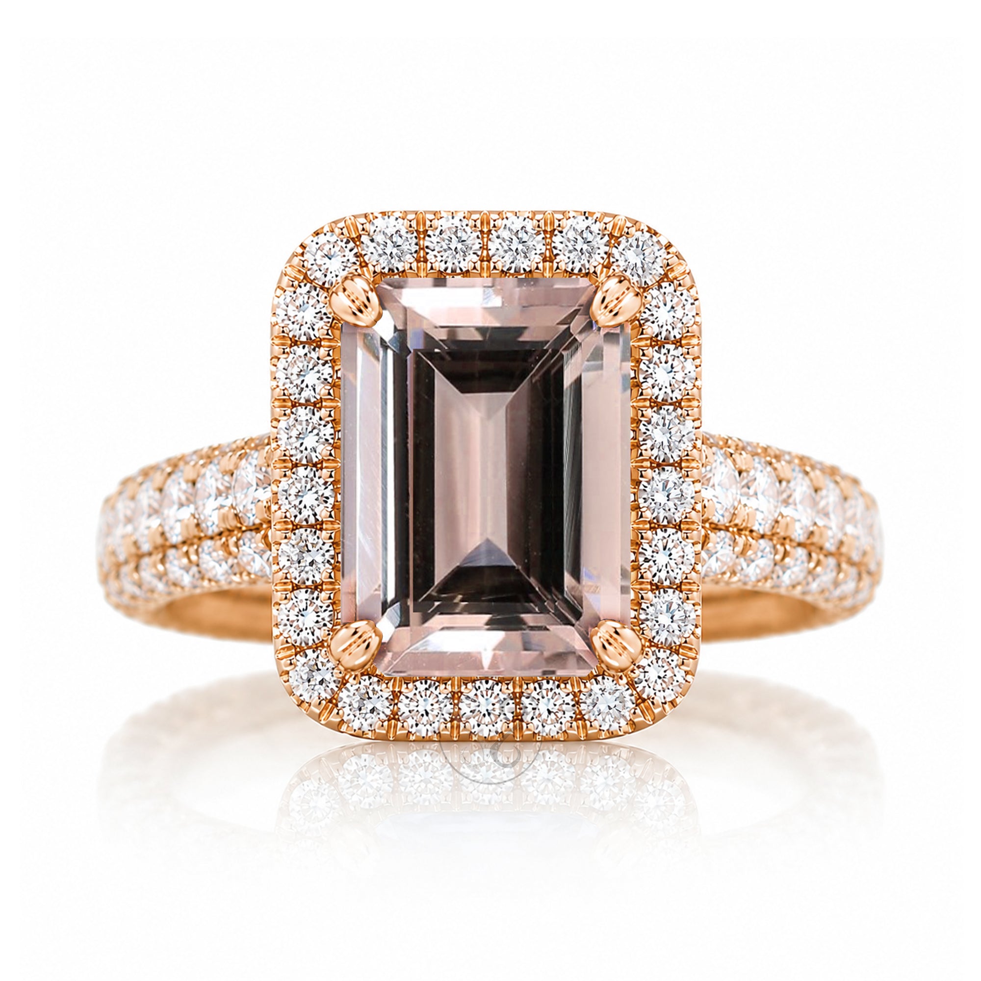 Morganite engagement ring emerald cut with diamond halo and large thick three rows band rose gold