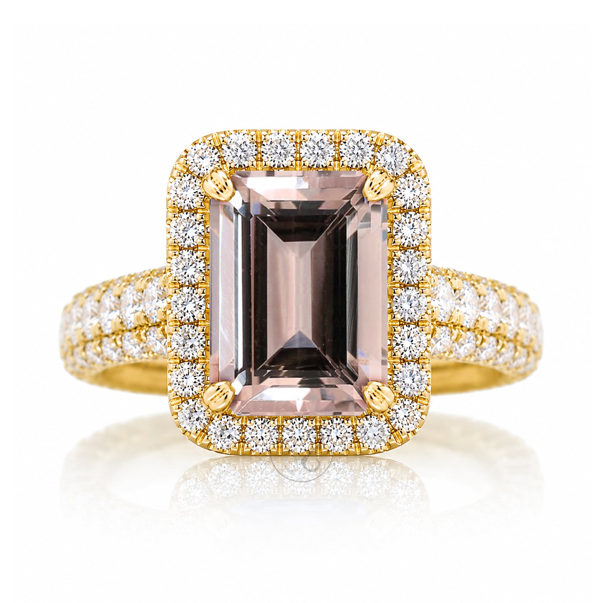 Morganite engagement ring emerald cut with diamond halo and large thick three rows band yellow gold