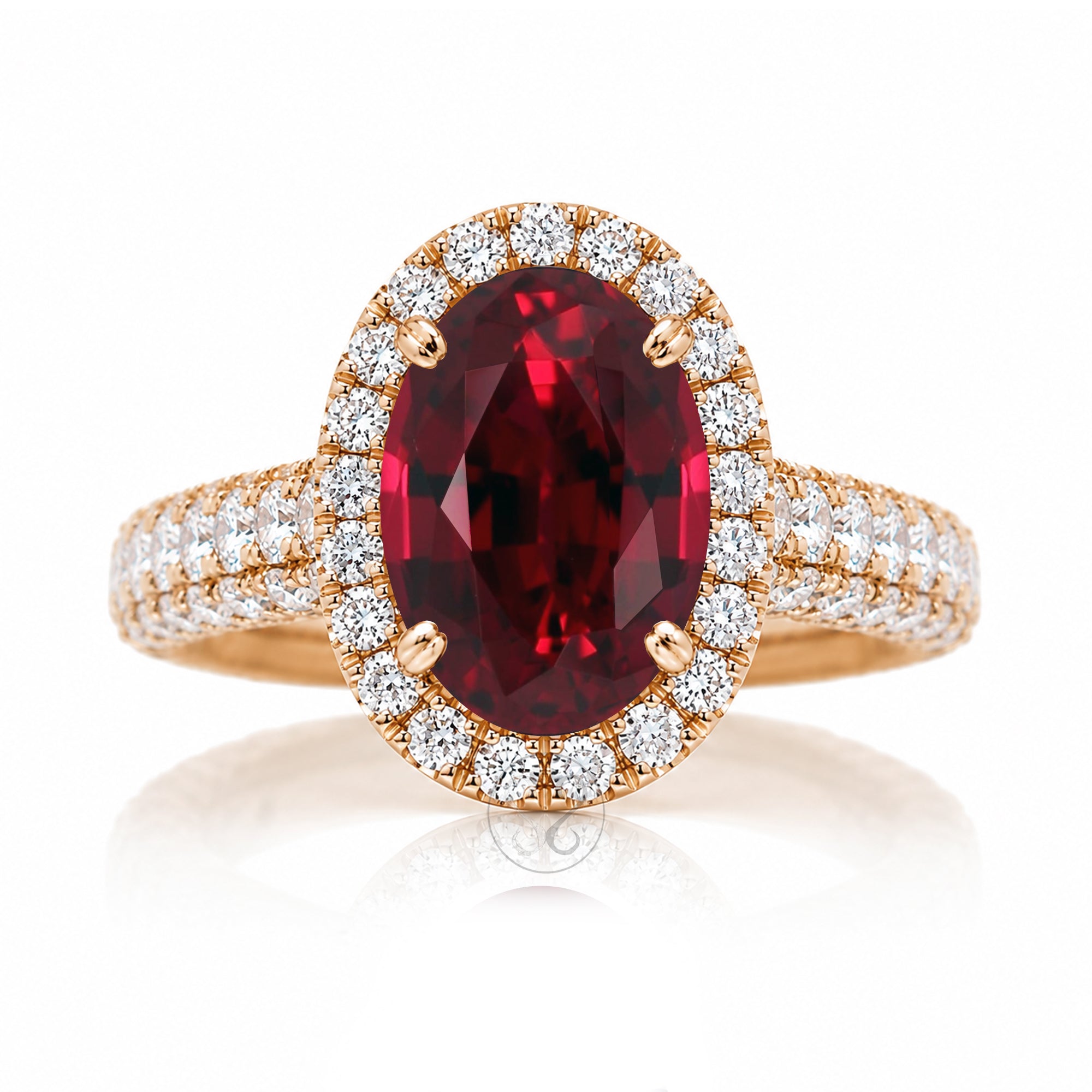 The Tamara Oval Cut Ruby Large Diamond Band and Halo Three Dimensional 3/4 down rose gold