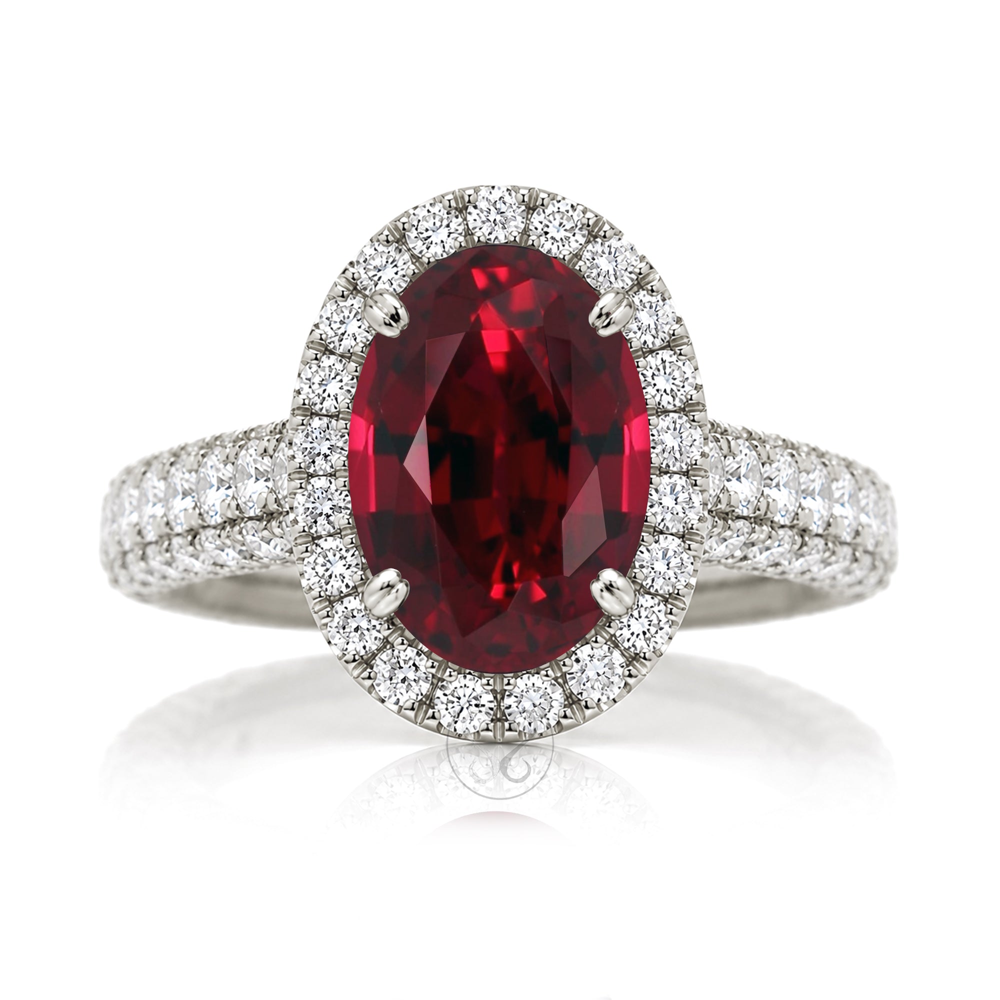 The Tamara Oval Cut Ruby Large Diamond Band and Halo Three Dimensional 3/4 down white gold