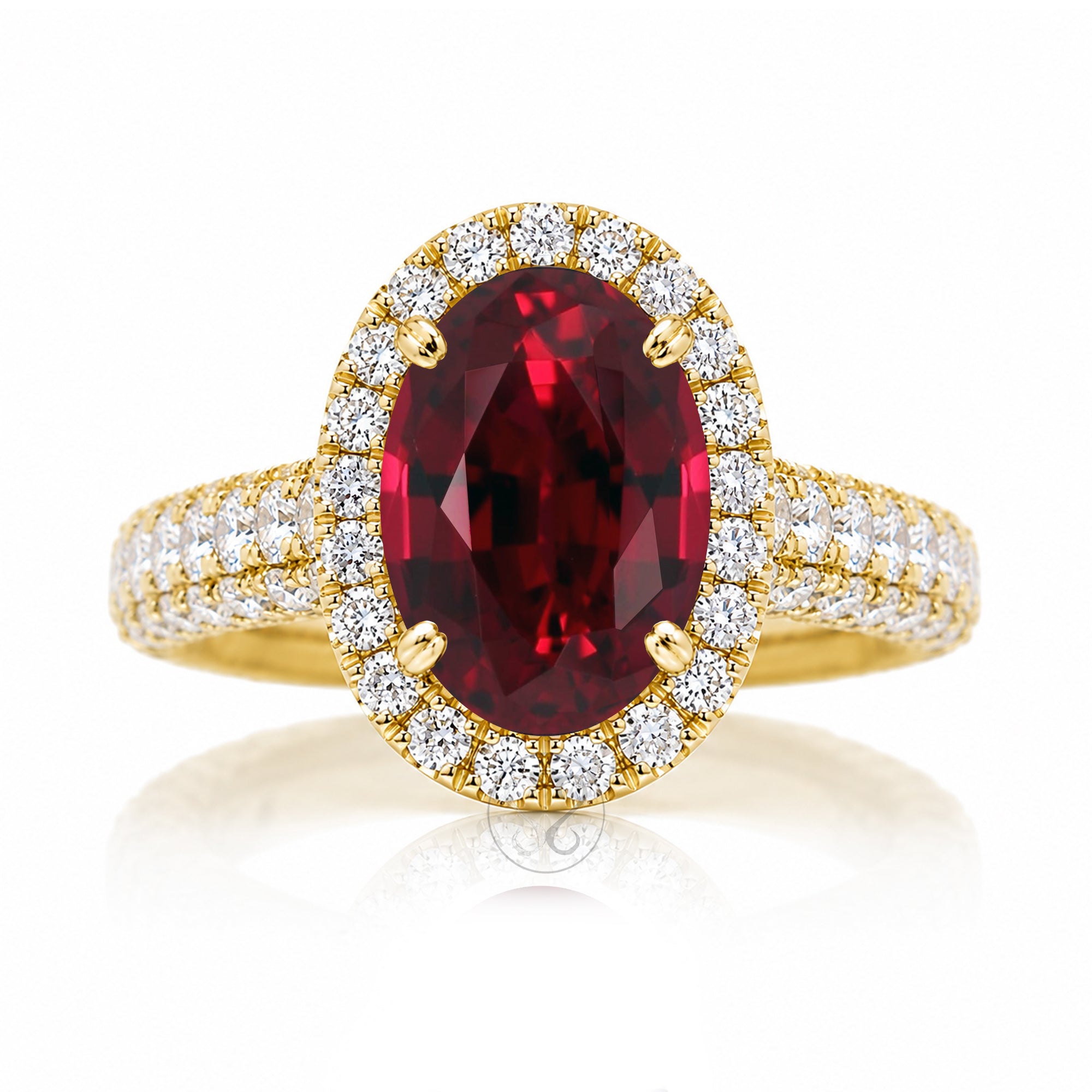 The Tamara Oval Cut Ruby Large Diamond Band and Halo Three Dimensional 3/4 down yellow gold