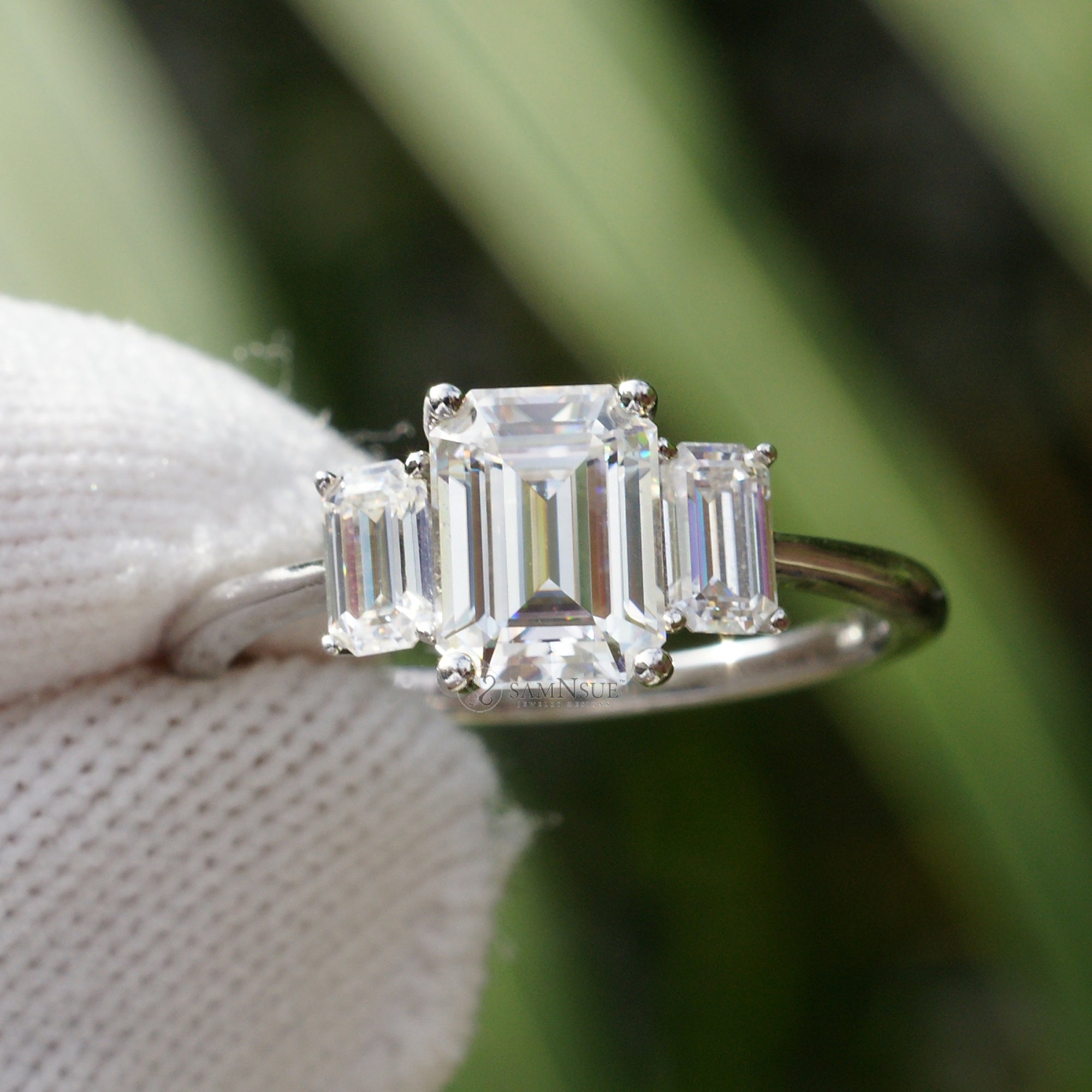 Three Stone Emerald Cut Moissanite Ring