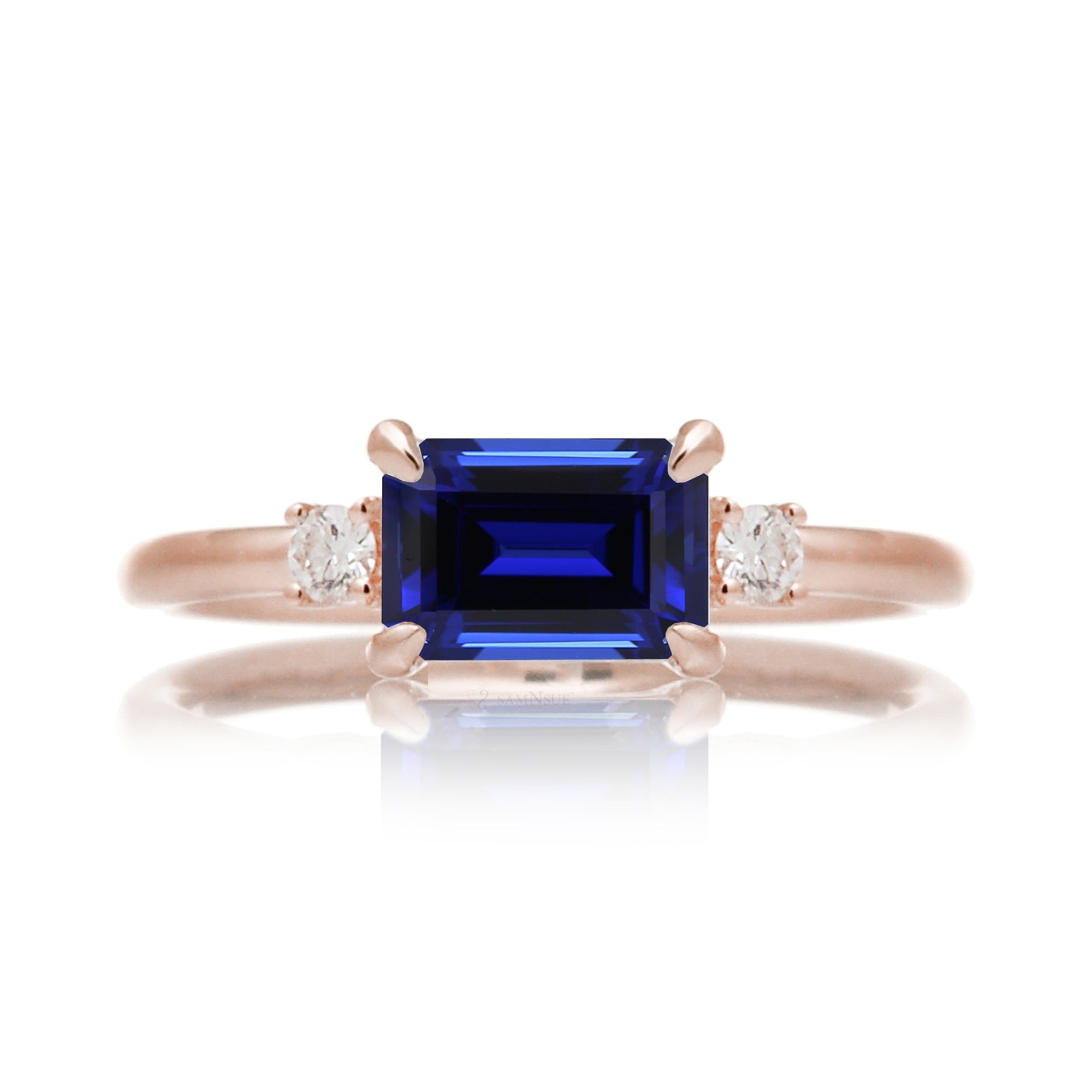 Blue sapphire emerald cut three stone ring the Lena rose gold