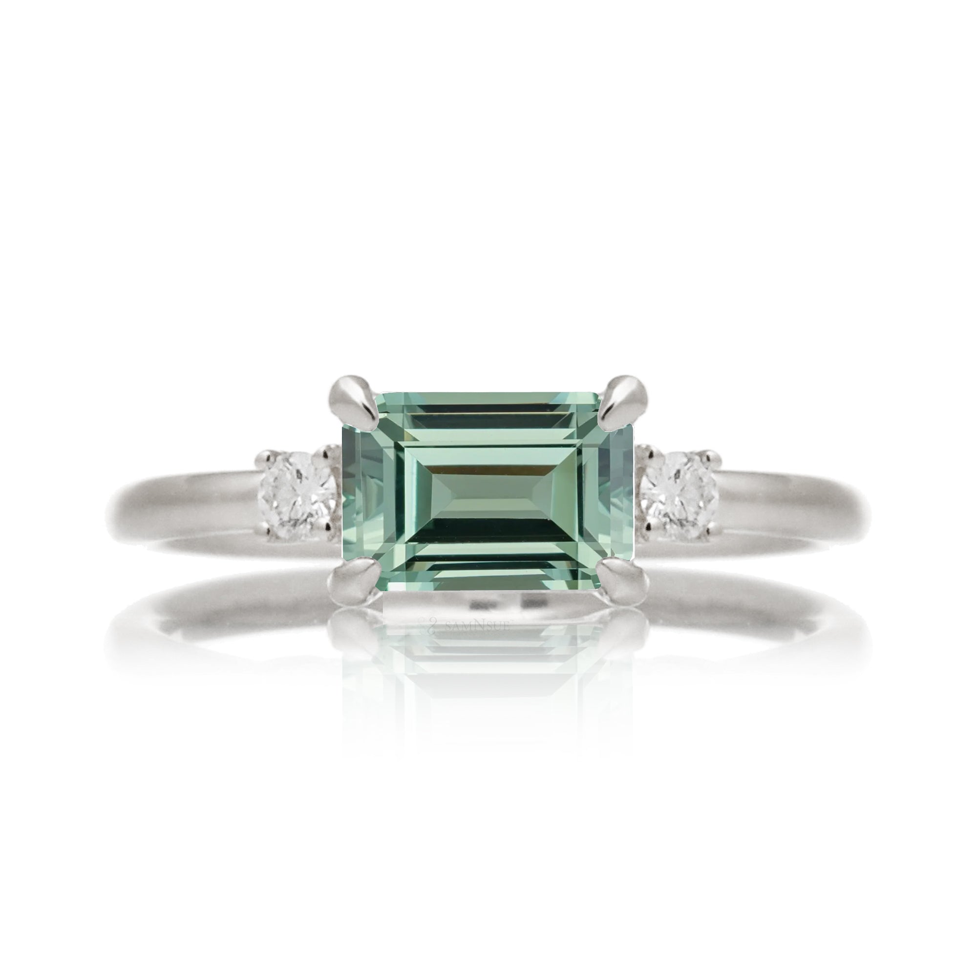 Emerald cut green sapphire three stone ring the Lena white gold