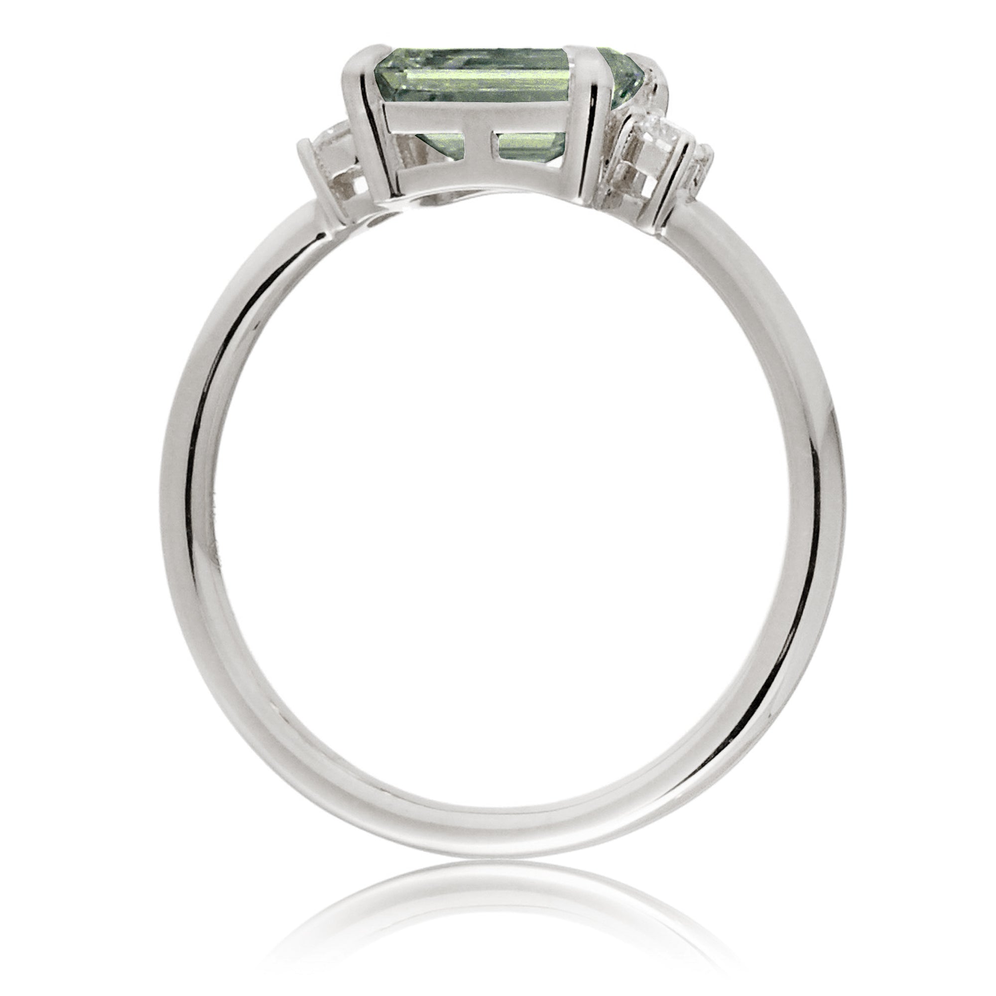 Emerald cut green sapphire three stone ring the Lena white gold