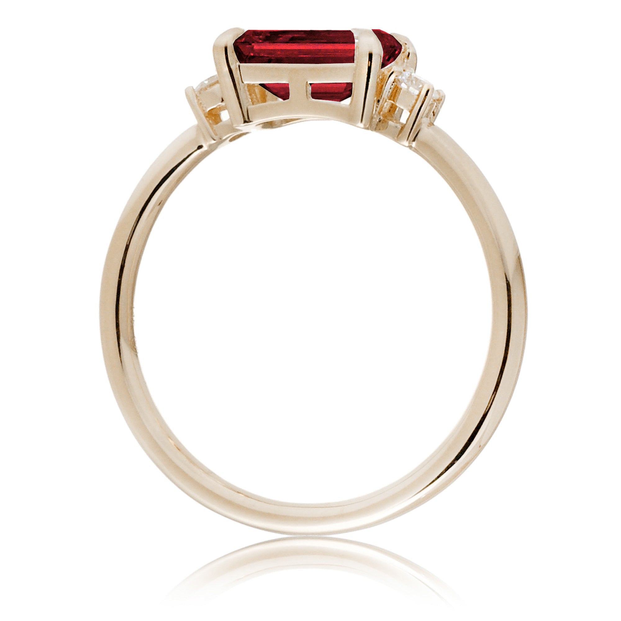 Ruby three stone ring east west the Lena yellow gold