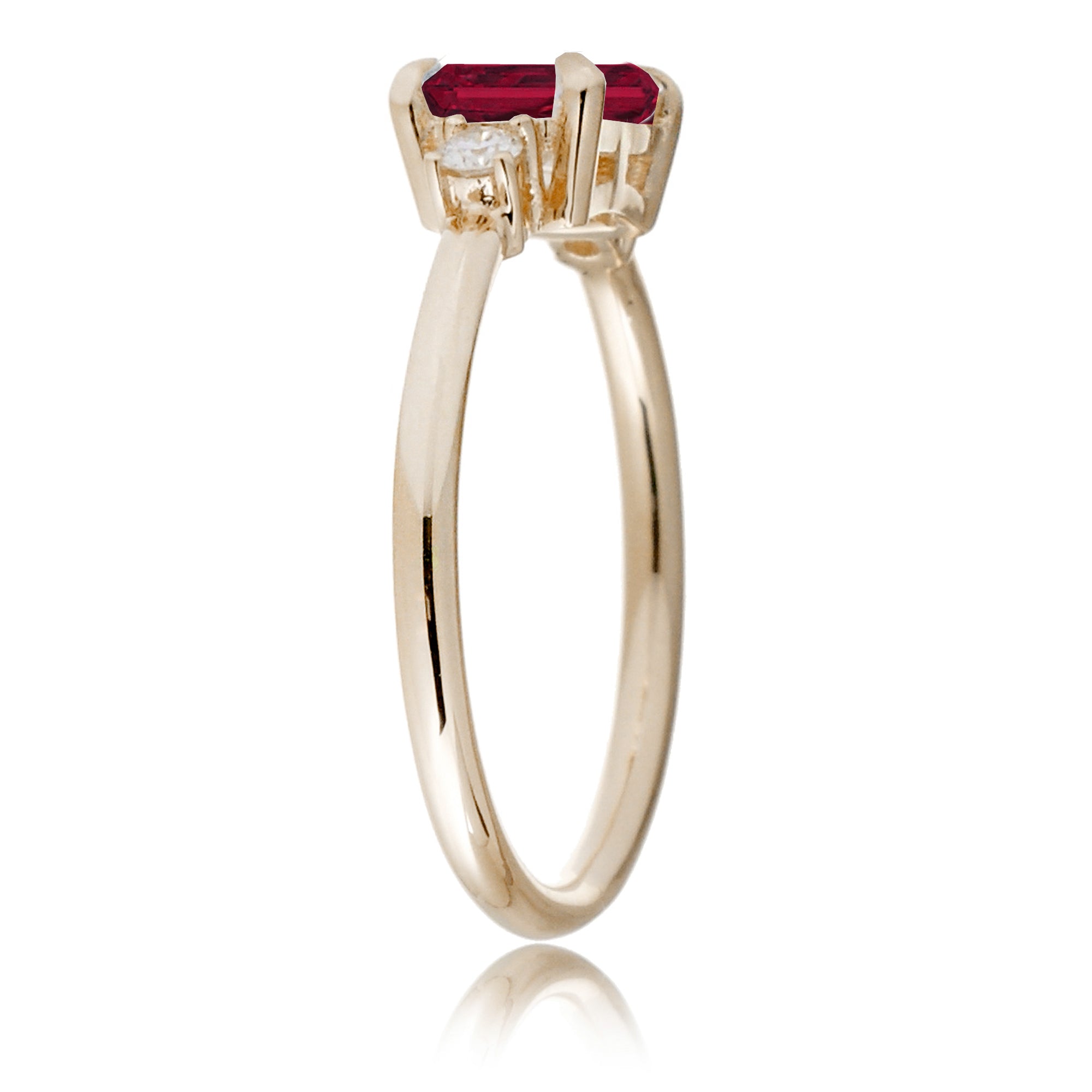 Ruby three stone ring east west the Lena yellow gold
