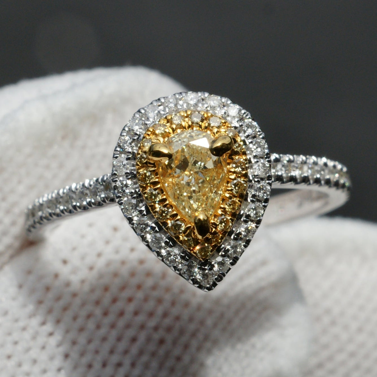 Shop stock item 14k yellow pear diamond double halo engagement ring
