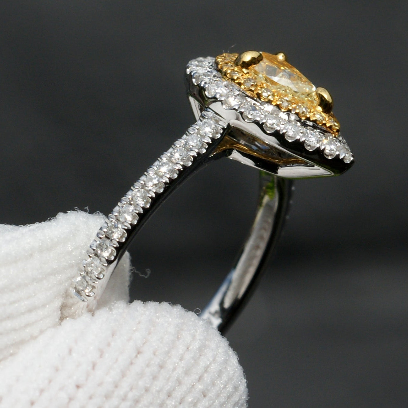 Pear shaped yellow diamond engagement ring Clearance