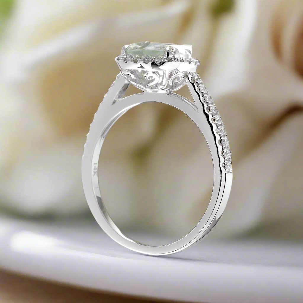 Prasiolite pear cut engagement ring with a diamond halo