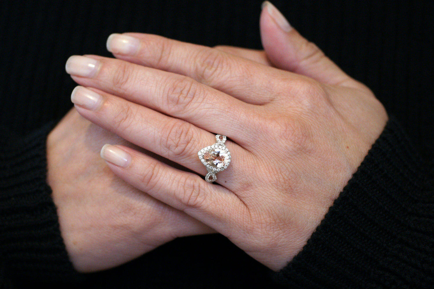 Pear morganite engagement ring white gold diamond halo twist band