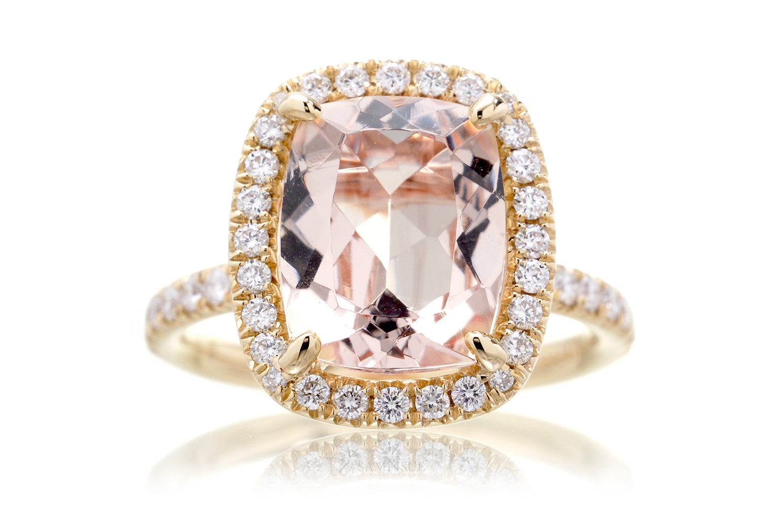 Morganite Engagement Ring Set, Cushion Cut Peach Pink Morganite Wedding Ring  Set, 14K White Gold Halo