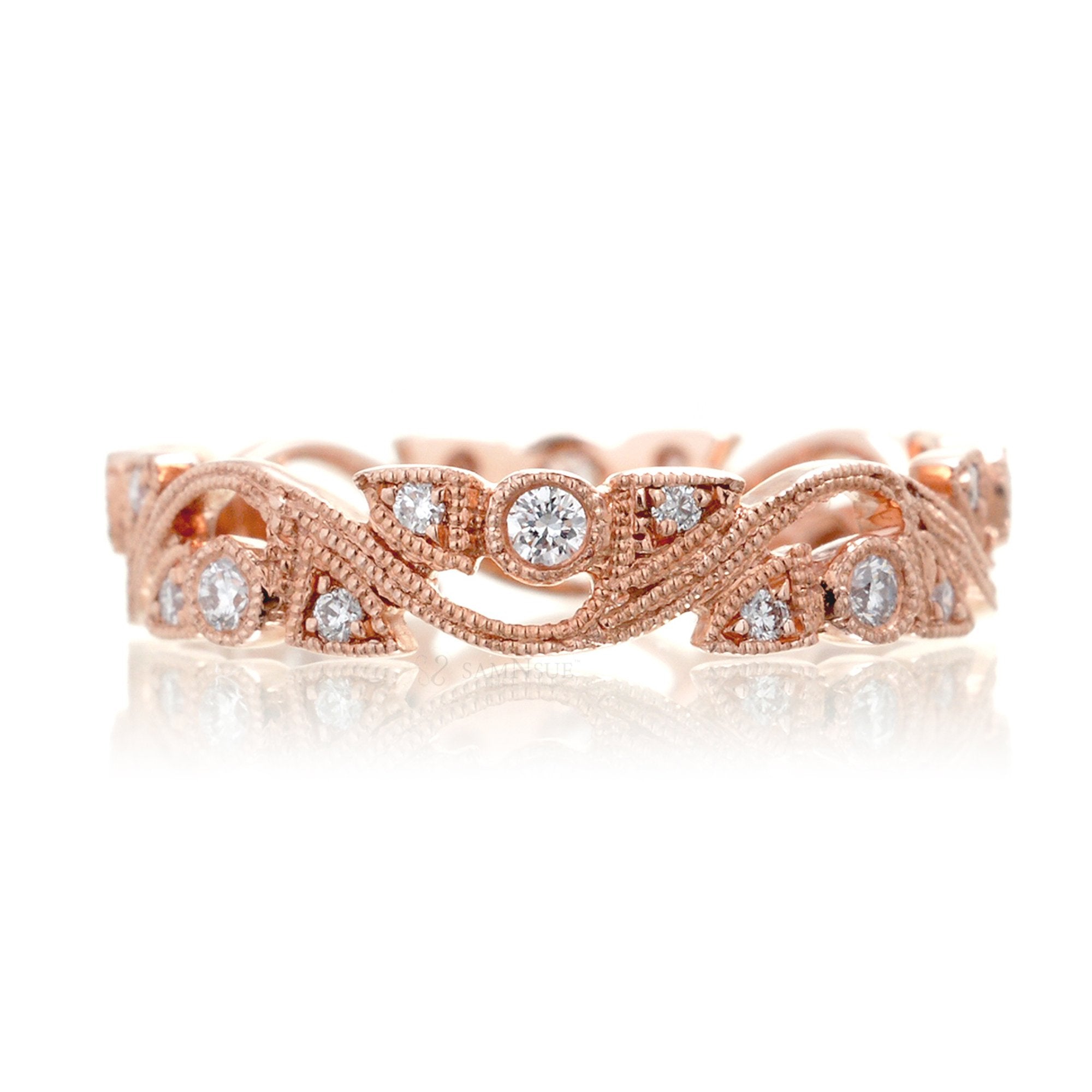 Leaf and vine diamond eternity antique style band rose gold