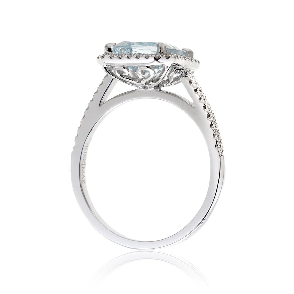 Cushion cut aquamarine diamond halo engagement ring The Signature elongated white gold