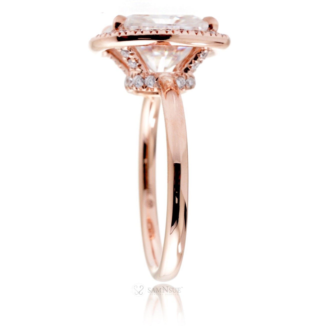 Emerald cut moissanite engagement ring with diamond halo the Drenched rose gold solid band