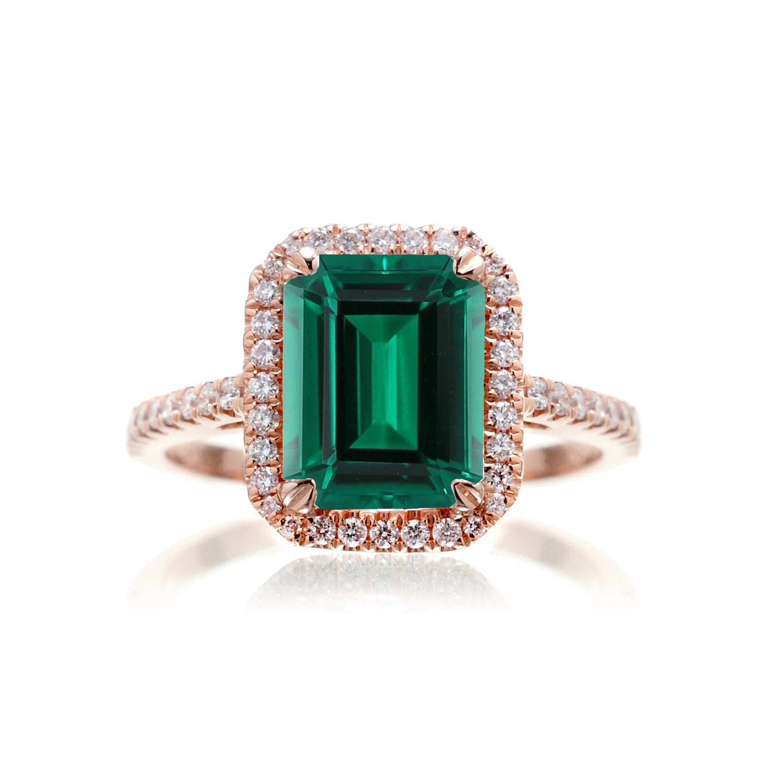 Emerald Cut Emerald With Diamond Halo Engagement Ring In Rose Gold Cathedral Setting