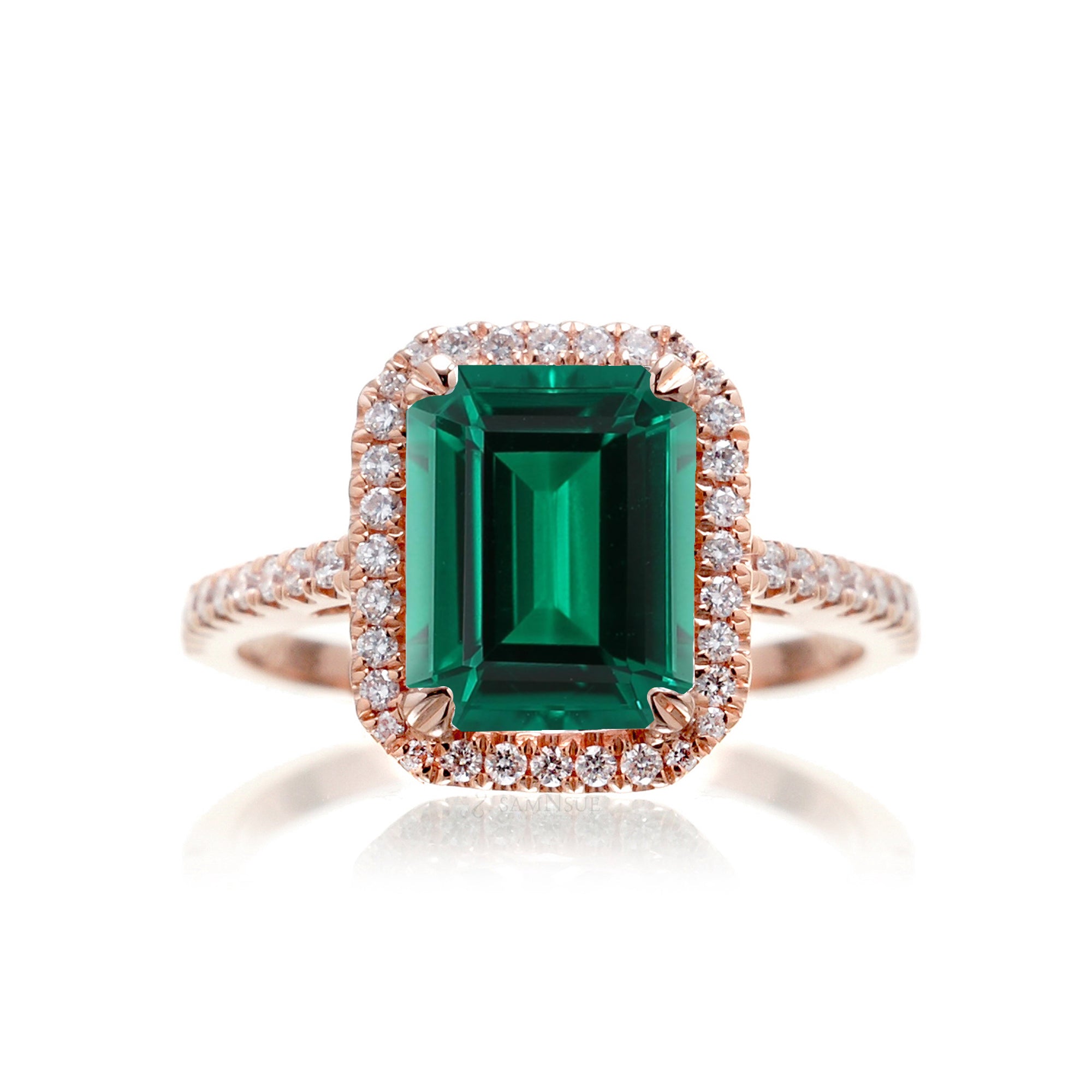 Emerald Cut Emerald With Diamond Halo Engagement Ring In Rose Gold Cathedral Setting
